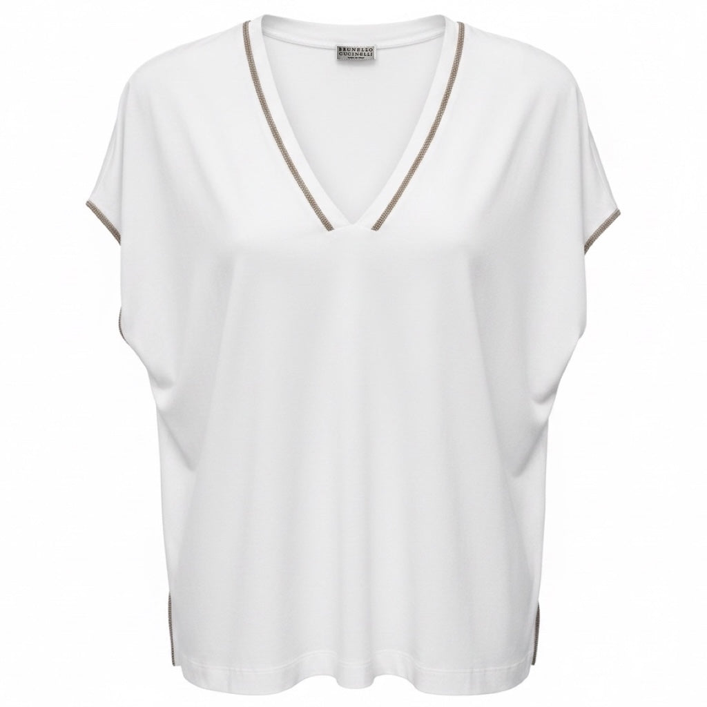Brunello Cucinelli White Cotton Stretch V-Neck Top with Monili