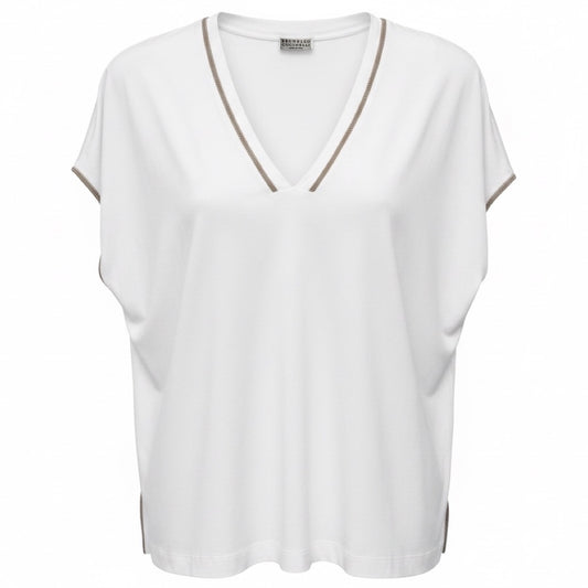 Brunello Cucinelli White Cotton Stretch V-Neck Top with Monili