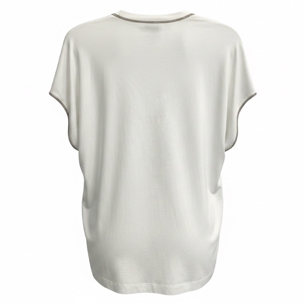 Brunello Cucinelli White Cotton Stretch V-Neck Top with Monili