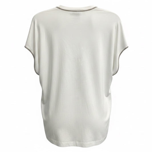 Brunello Cucinelli White Cotton Stretch V-Neck Top with Monili