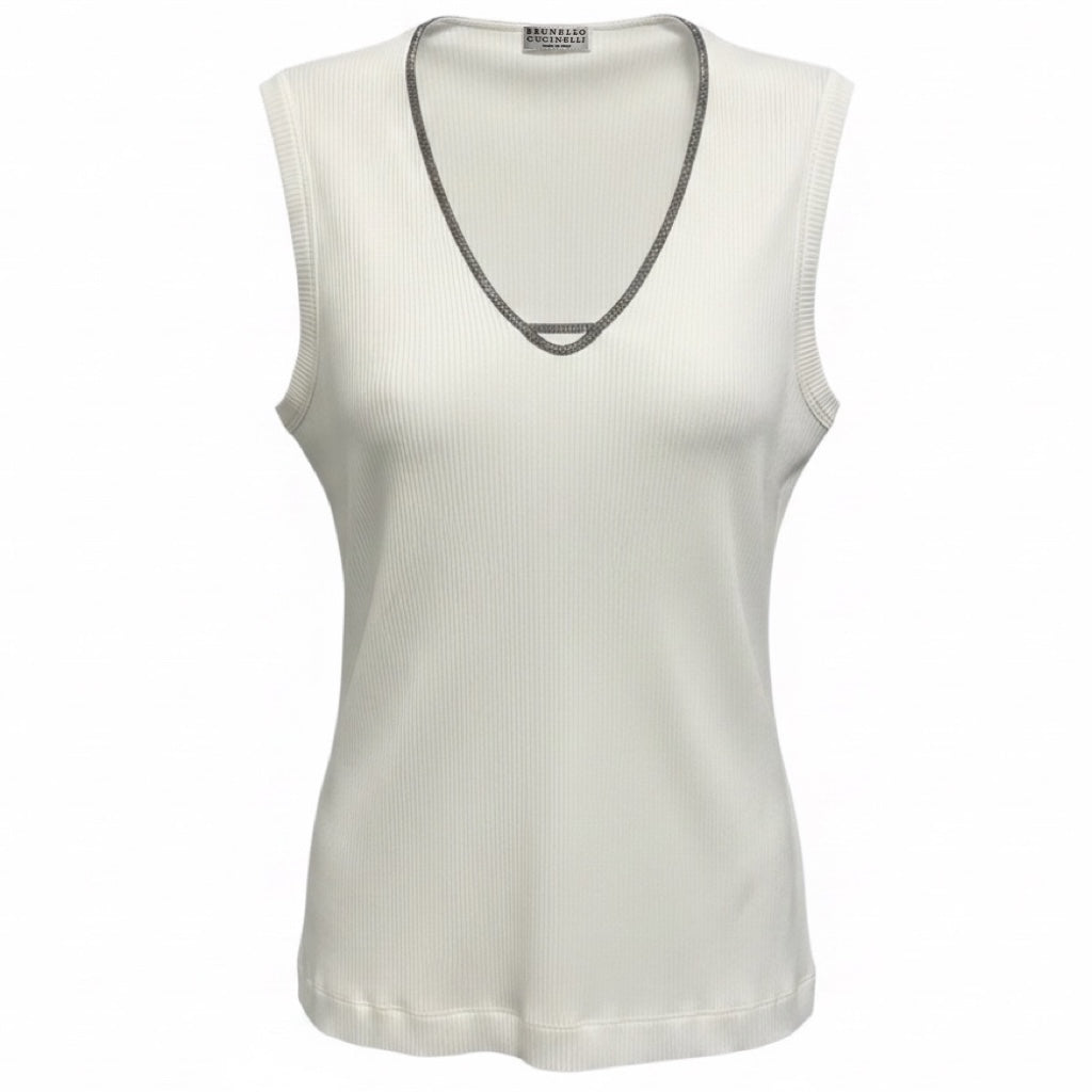 Brunello Cucinelli White Ribbed Cotton Stretch Top with Monili Chain Detail