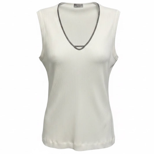 Brunello Cucinelli White Ribbed Cotton Stretch Top with Monili Chain Detail
