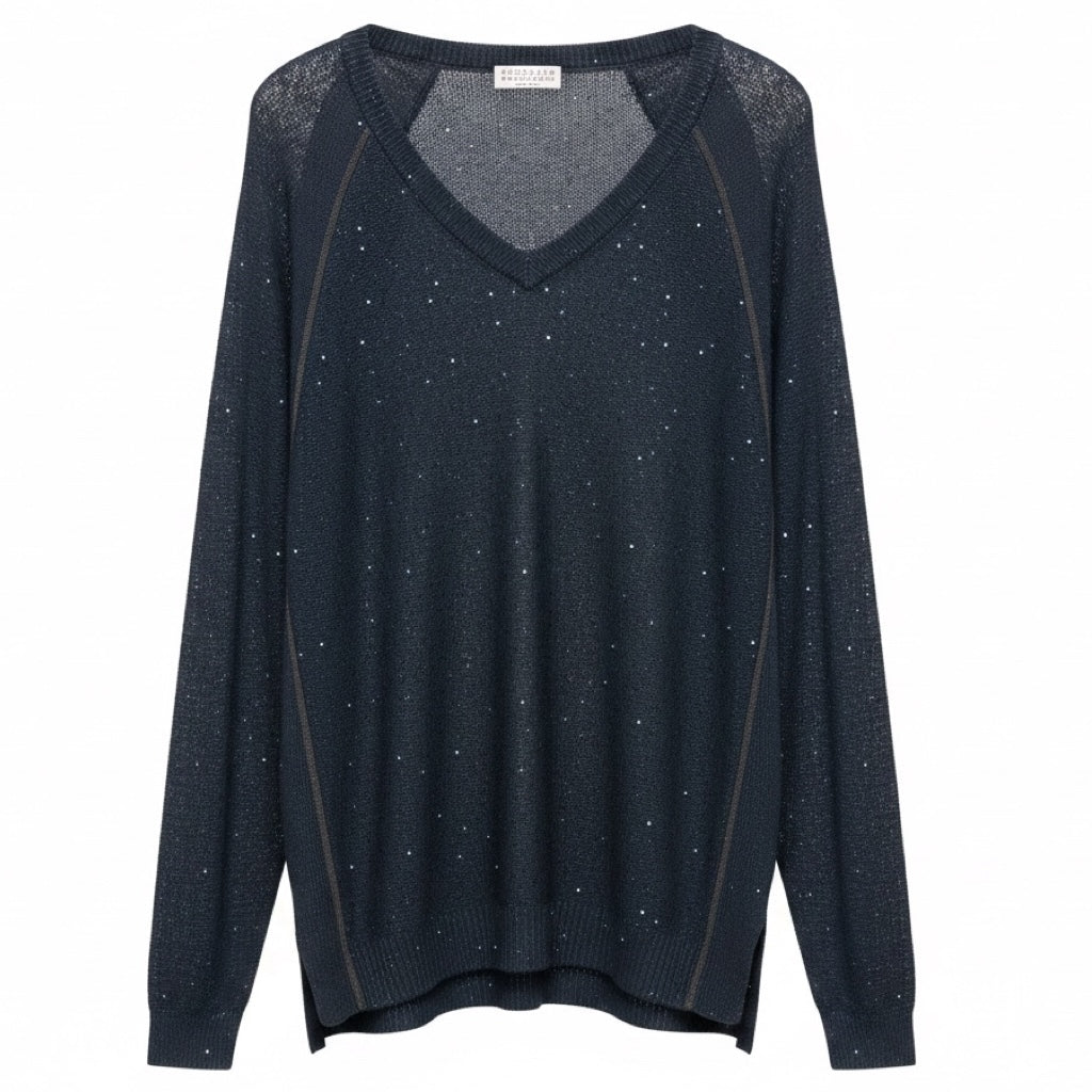 Brunello Cucinelli Navy Blue Sequined Linen and Silk Knit Long Sleeved V-Neck Sweater with Monili