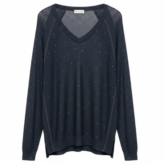 Brunello Cucinelli Navy Blue Sequined Linen and Silk Knit Long Sleeved V-Neck Sweater with Monili