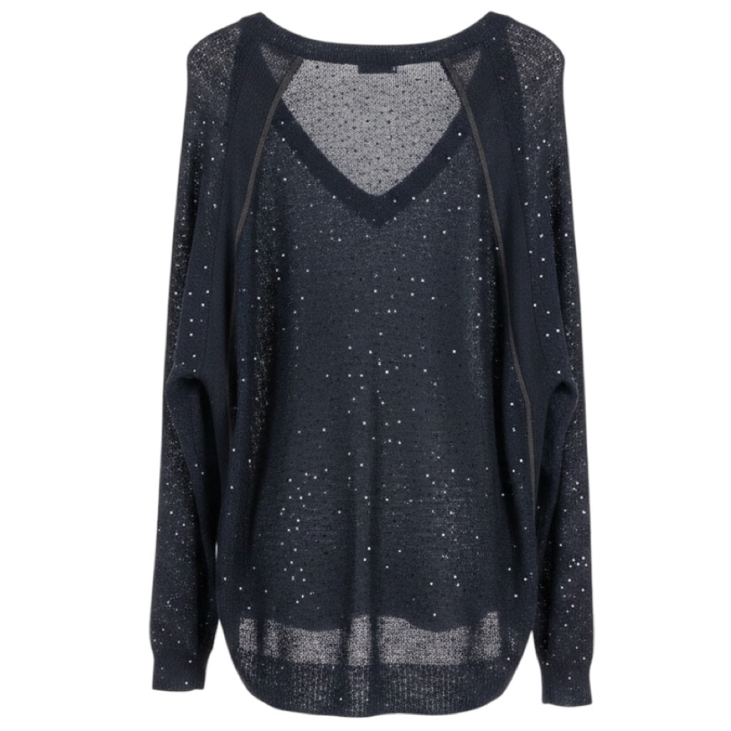 Brunello Cucinelli Navy Blue Sequined Linen and Silk Knit Long Sleeved V-Neck Sweater with Monili