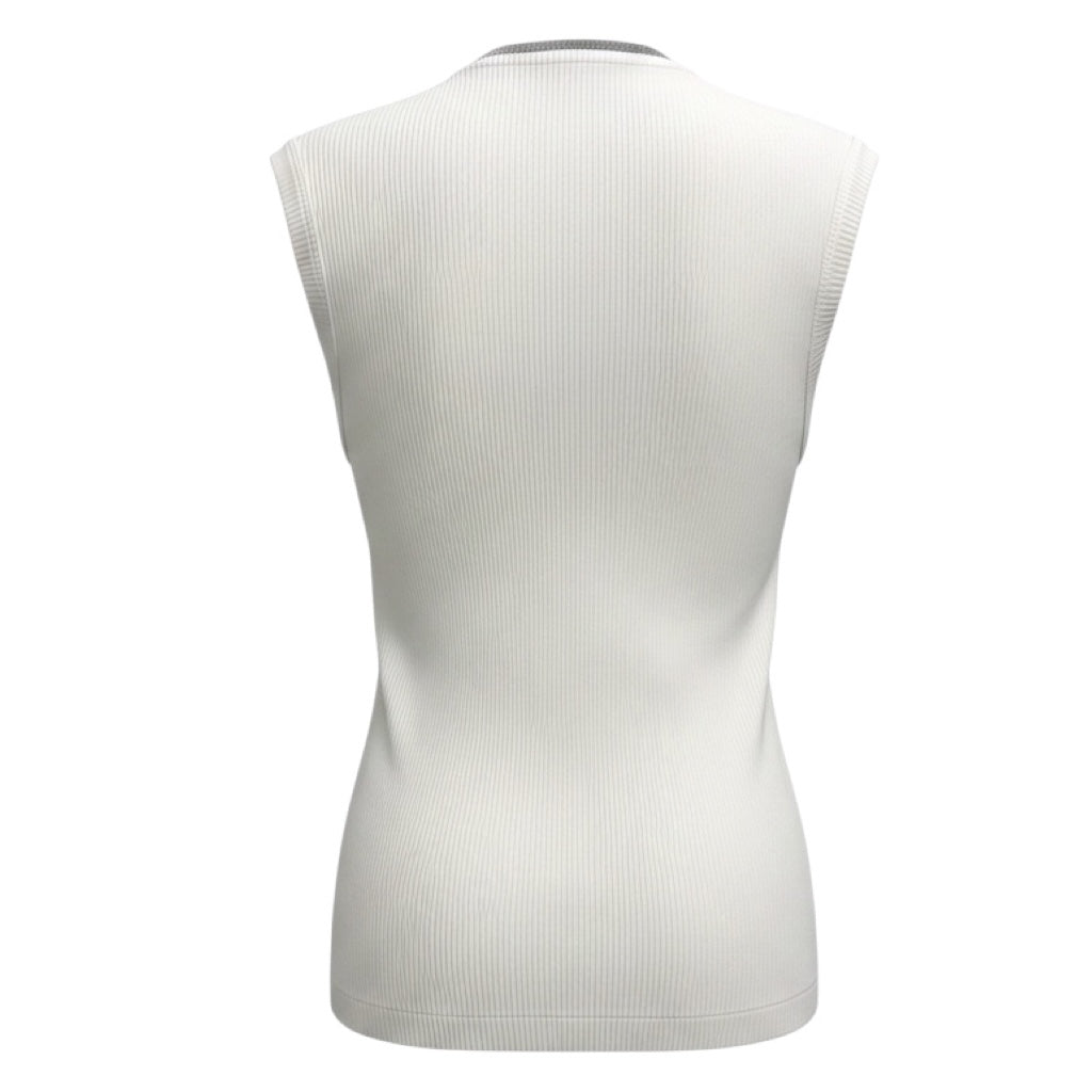 Brunello Cucinelli White Ribbed Cotton Stretch Top with Monili Chain Detail
