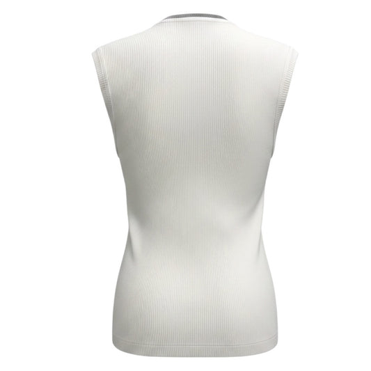 Brunello Cucinelli White Ribbed Cotton Stretch Top with Monili Chain Detail