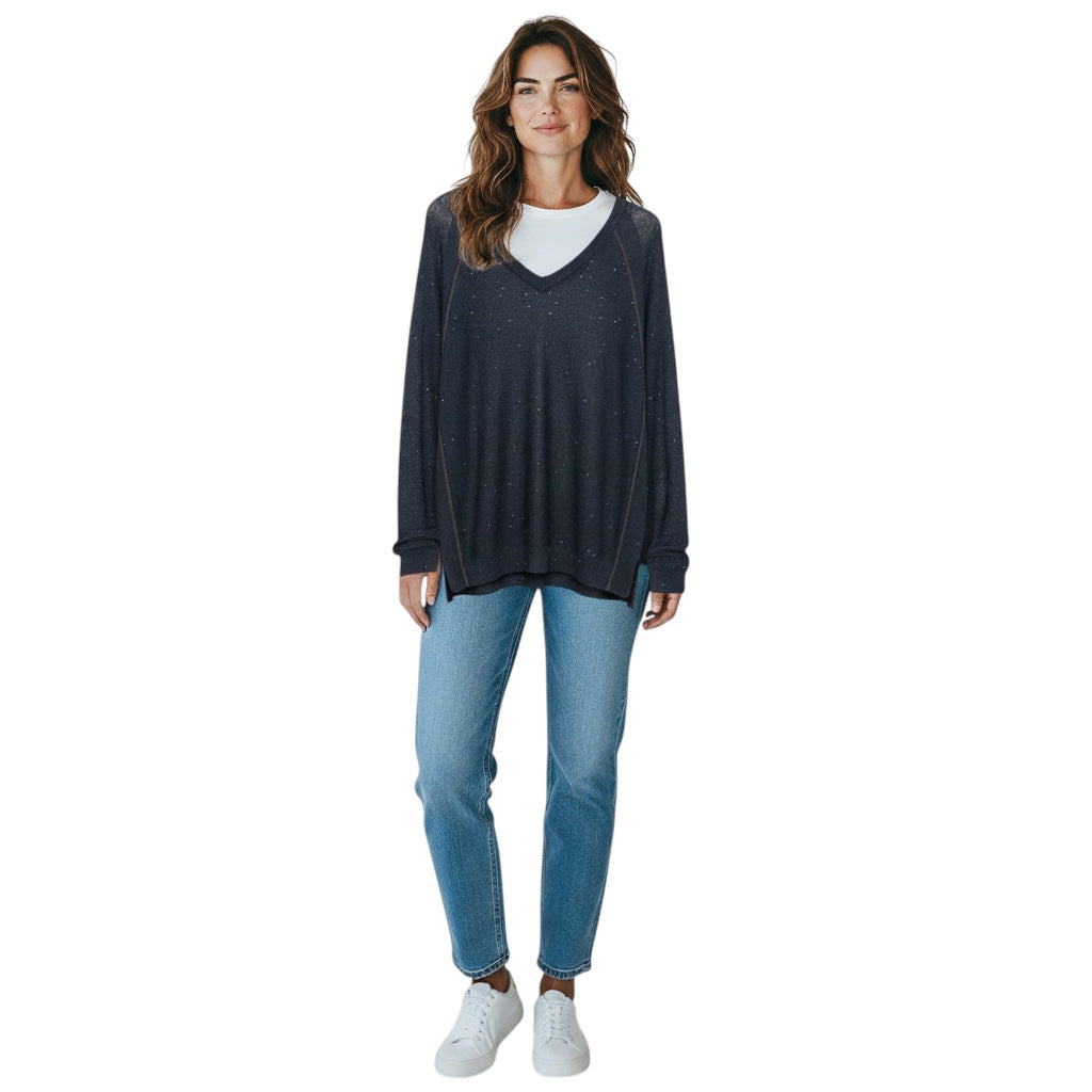 Brunello Cucinelli Navy Blue Sequined Linen and Silk Knit Long Sleeved V-Neck Sweater with Monili