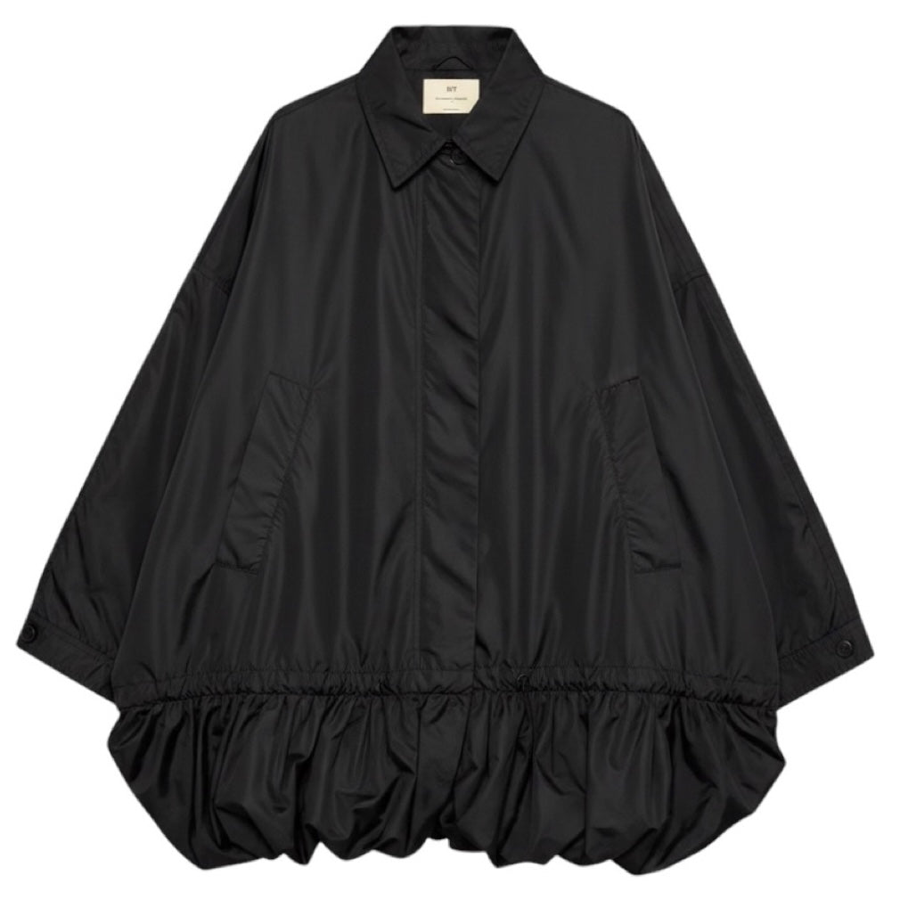 BY. Bonnie Young Black Ruffled Oversized Zip Front Nylon Coat