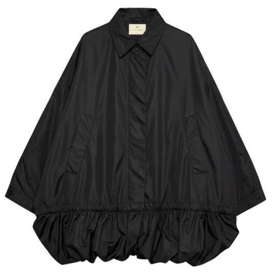 BY. Bonnie Young Black Ruffled Oversized Zip Front Nylon Coat