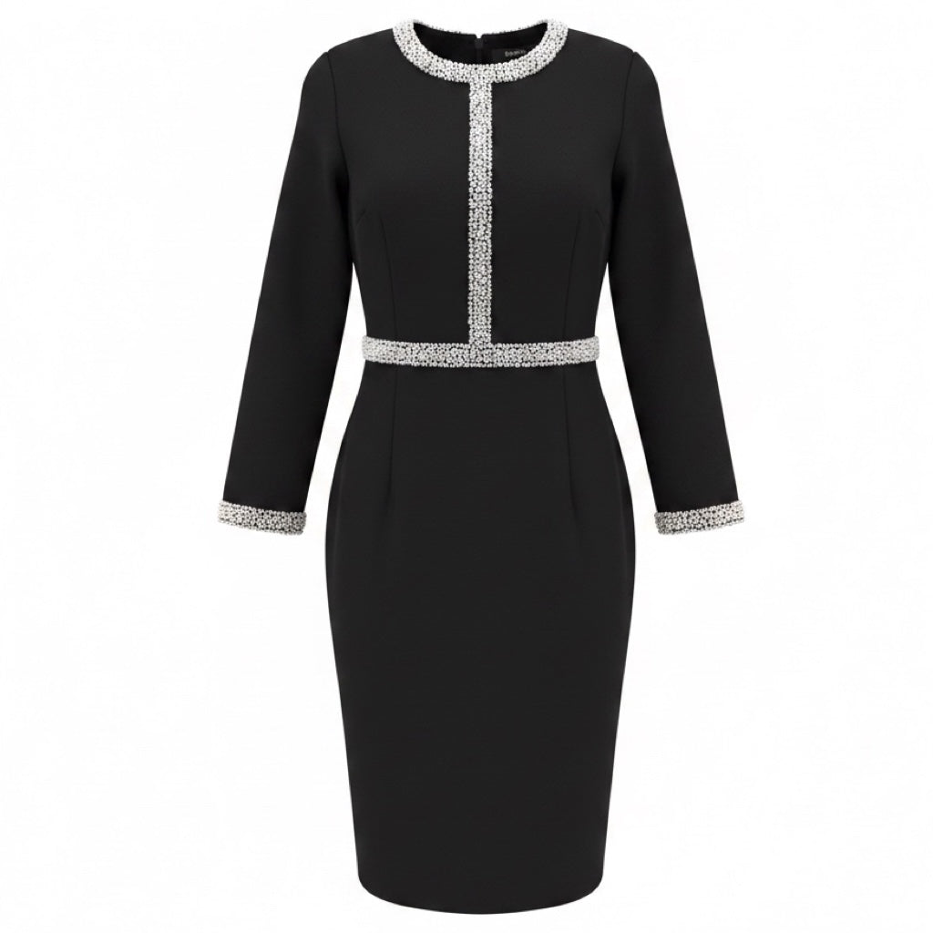 Badgley Mischka Black Pearl and Crystal Embellished Long Sleeved Midi Cocktail Dress