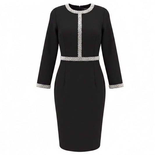 Badgley Mischka Black Pearl and Crystal Embellished Long Sleeved Midi Cocktail Dress