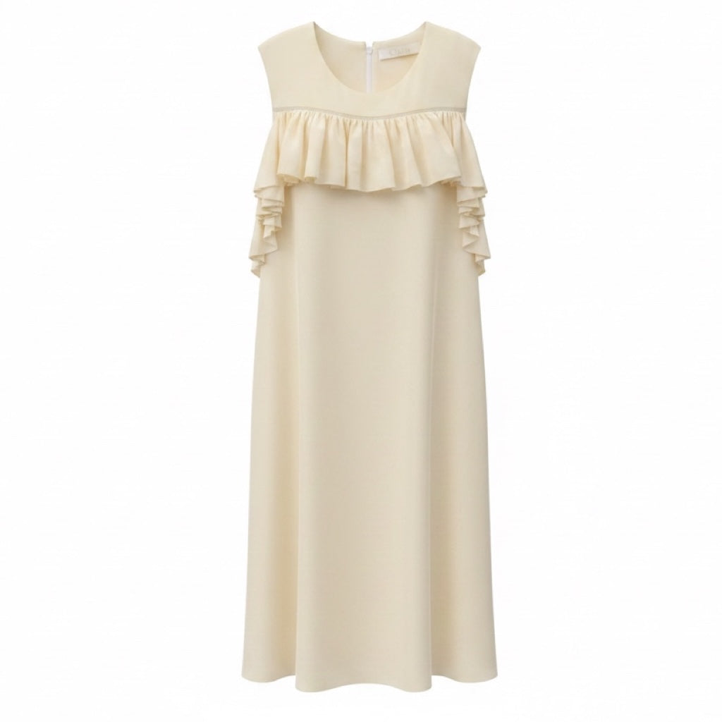 Chloe Ecru Vert Ruffled Sleeveless Silk Dress