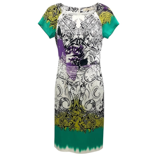 Etro Green / Purple Multi Printed Short Sleeved Silk Midi Dress