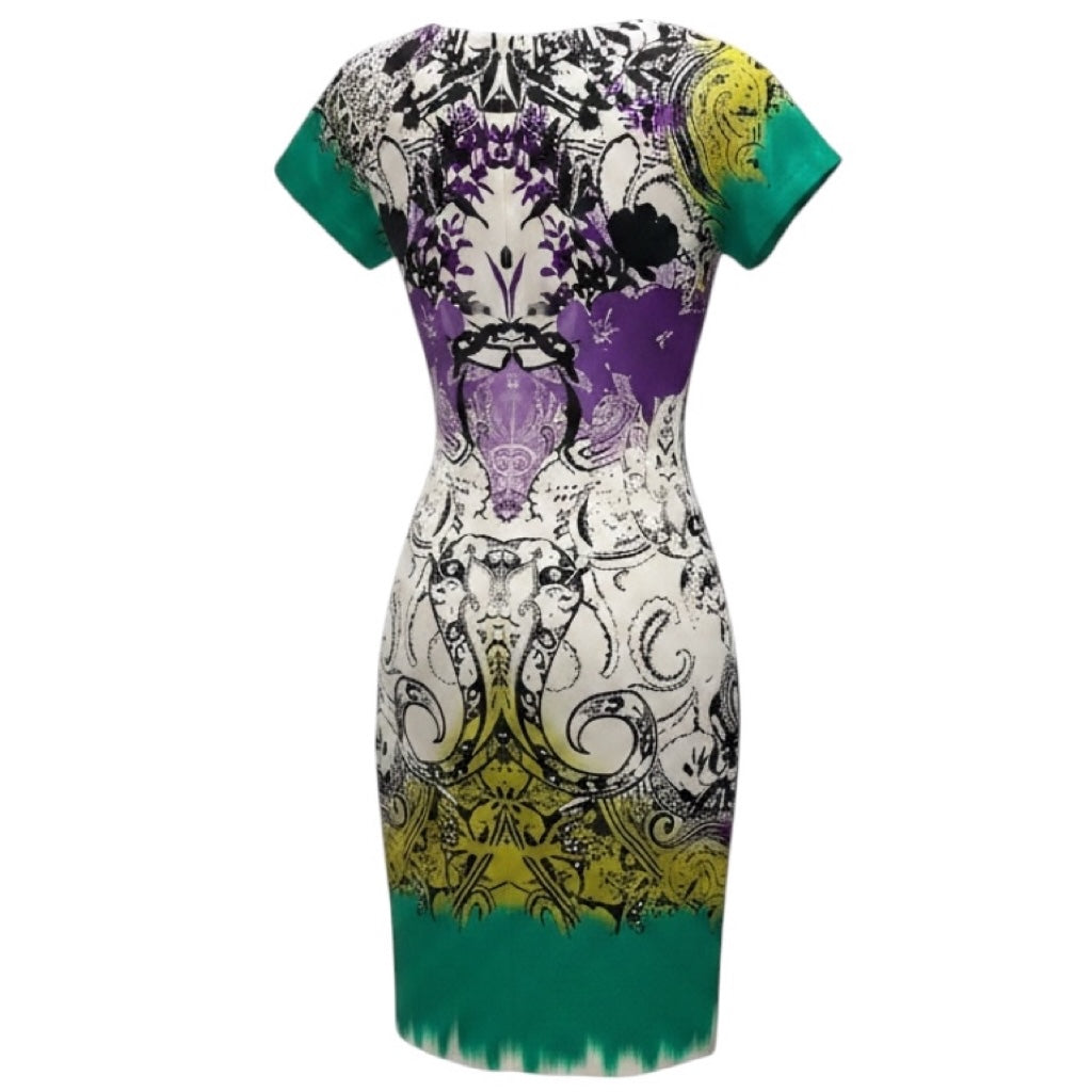 Etro Green / Purple Multi Printed Short Sleeved Silk Midi Dress
