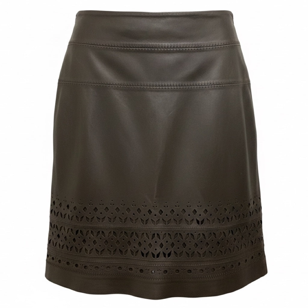 Elie Tahari Fudge Brown Iris Laser Cut Leather Skirt