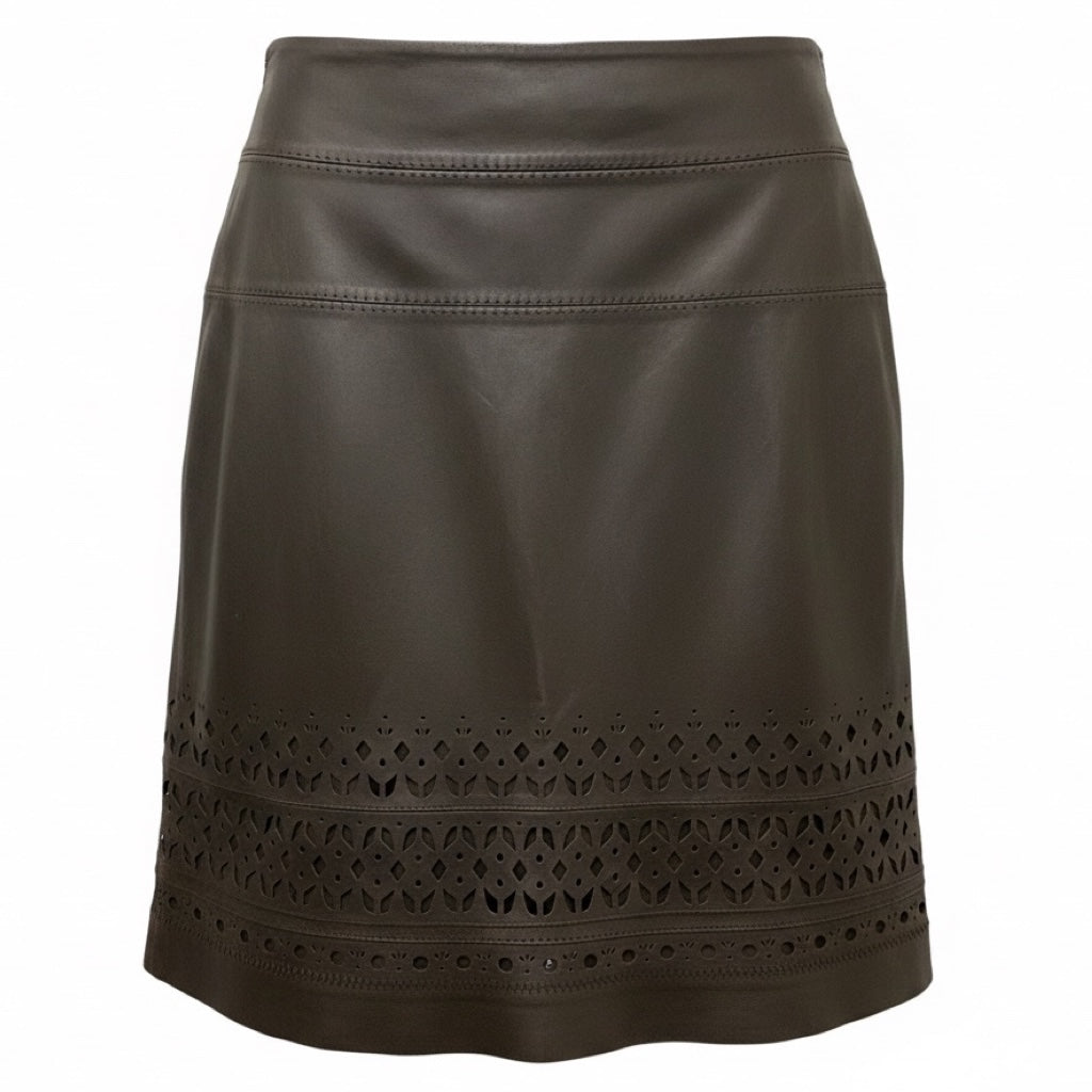 Elie Tahari Fudge Brown Iris Laser Cut Leather Skirt