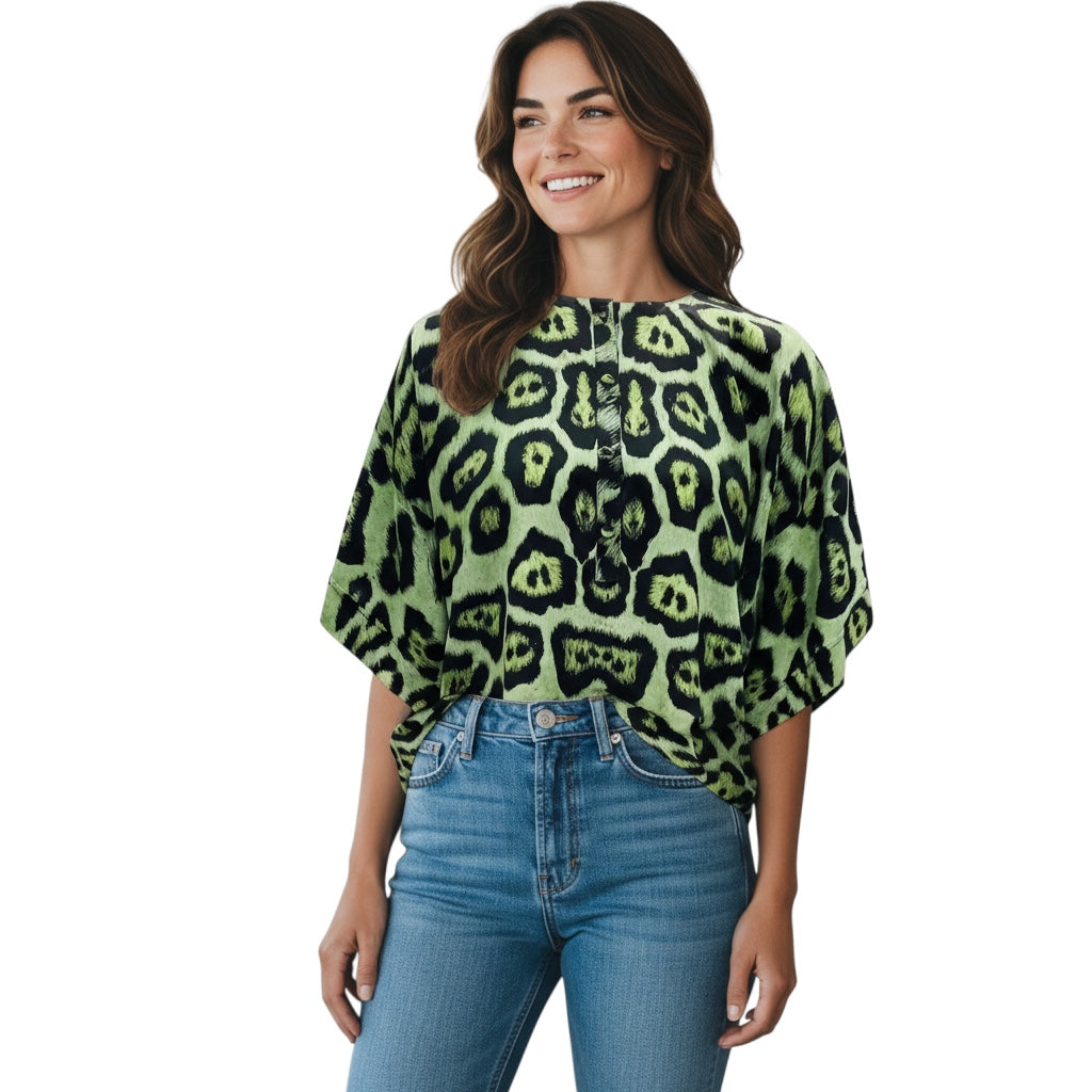 Givenchy Green / Black Animal Print Silk Blouse