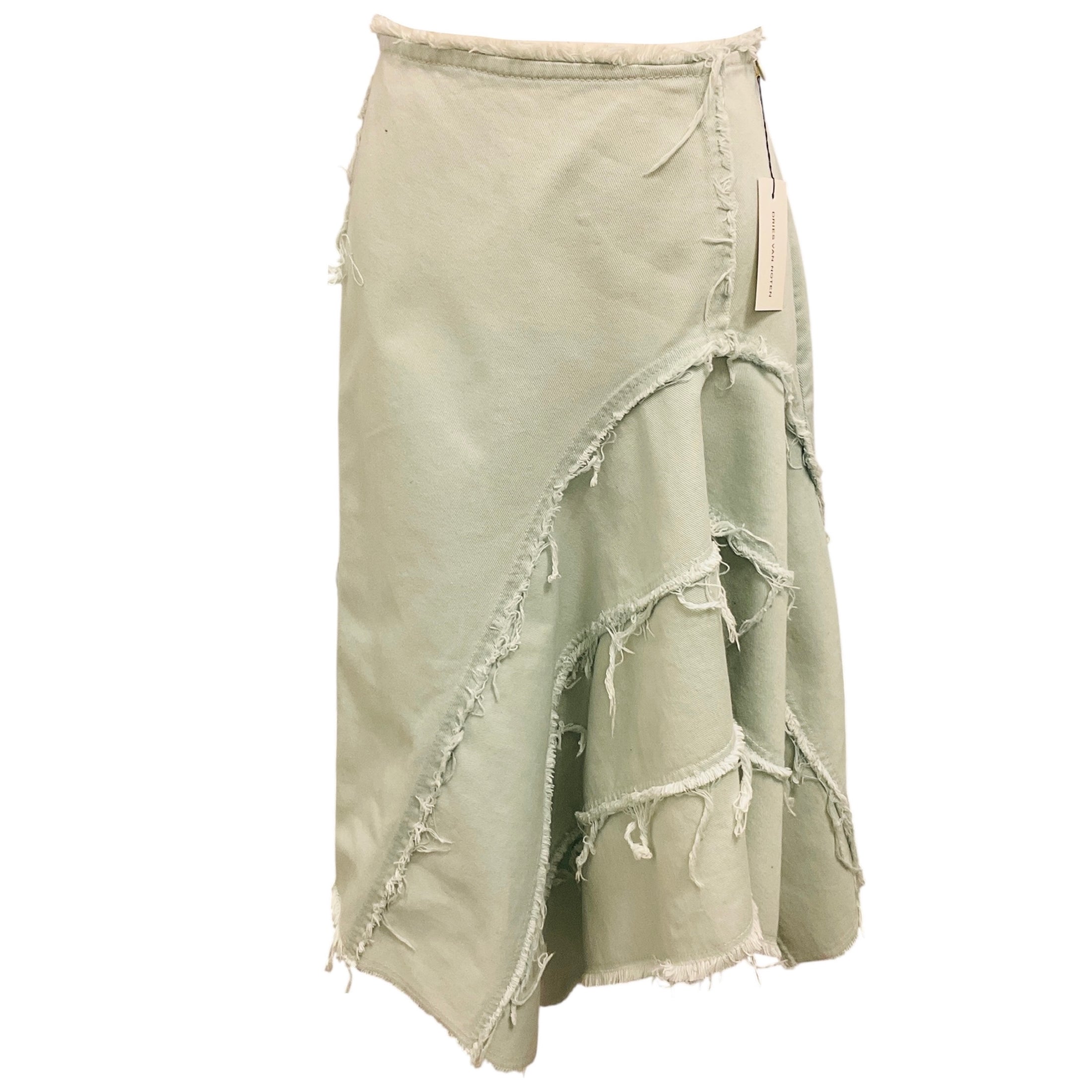 Dries Van Noten Mint Saxo Asymmetric Godet Raw Edge Denim Midi Skirt