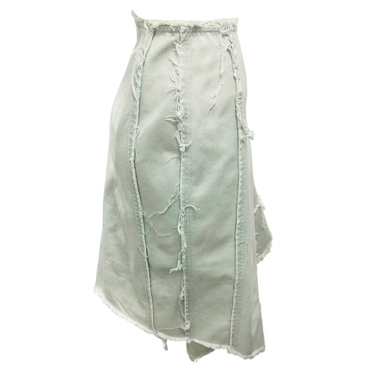 Dries Van Noten Mint Saxo Asymmetric Godet Raw Edge Denim Midi Skirt