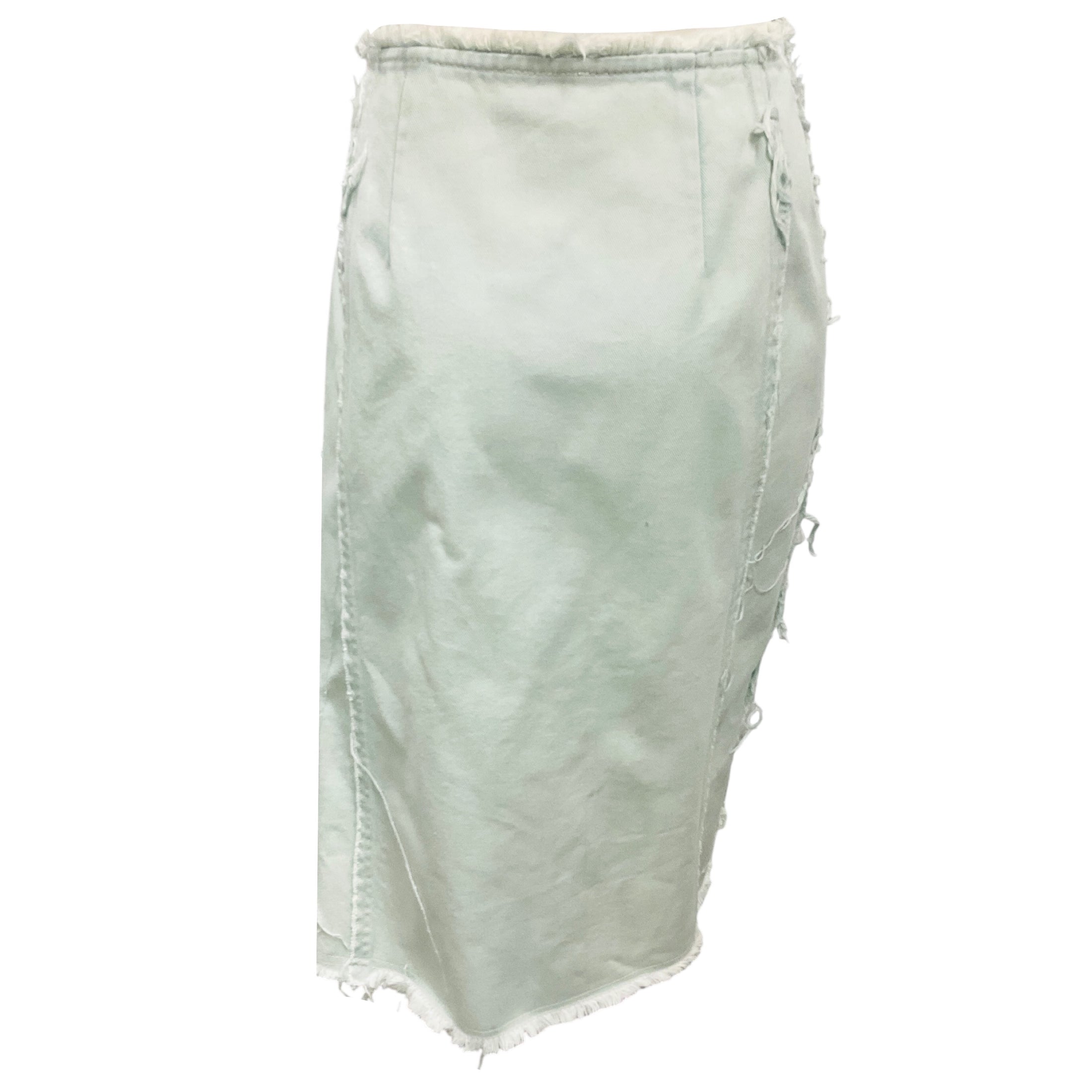 Dries Van Noten Mint Saxo Asymmetric Godet Raw Edge Denim Midi Skirt