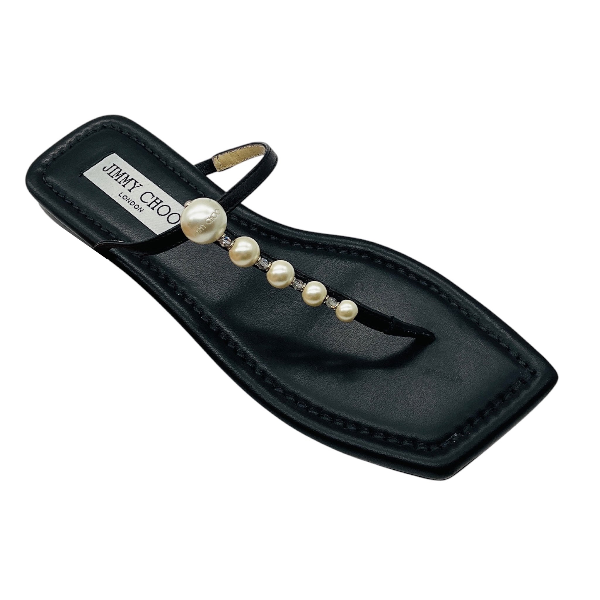Jimmy Choo Black Alaina Faux Pearl Embellished Leather Flat Sandals