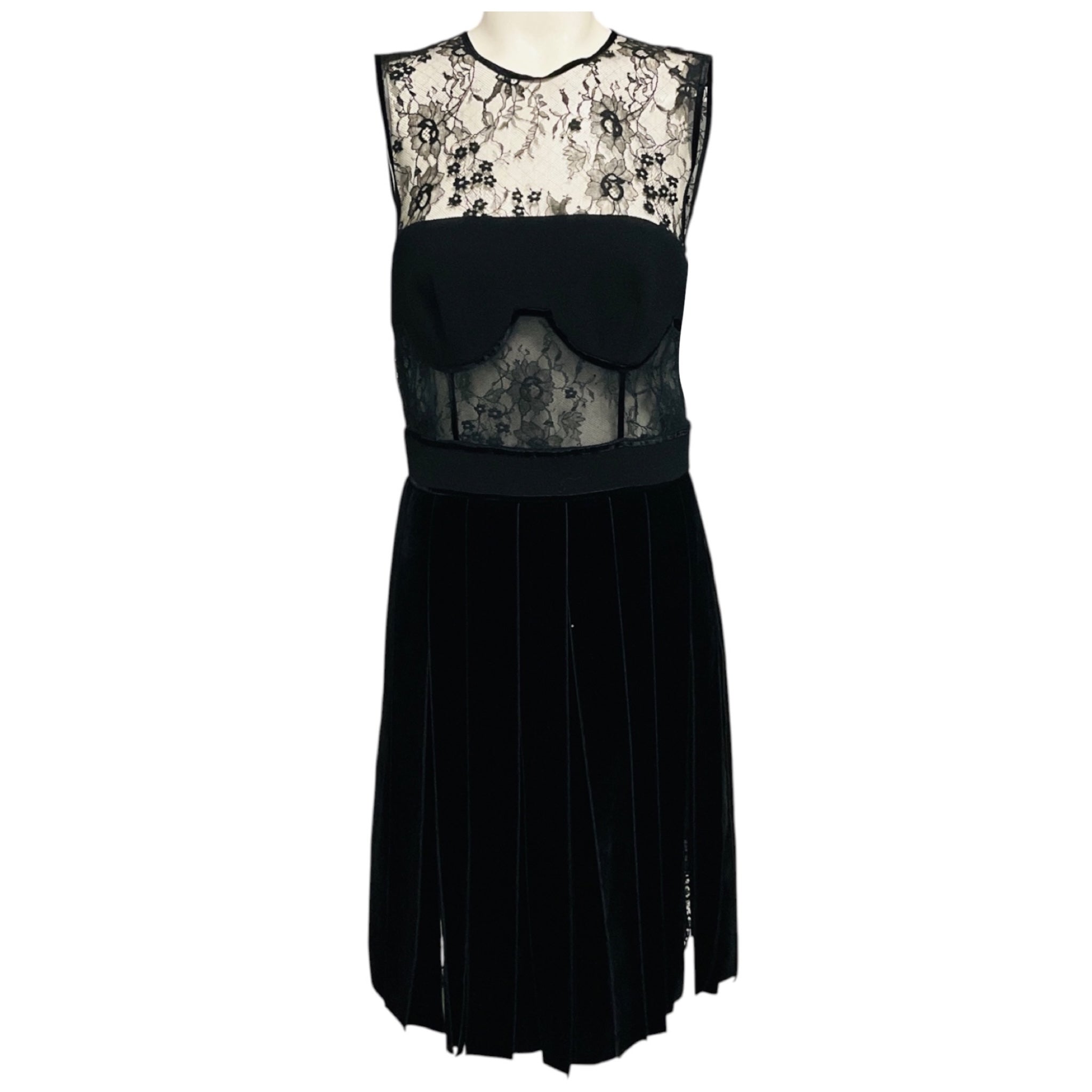Oscar de la Renta  Black Lace and Velvet Ribbon Skirt Cocktail Dress