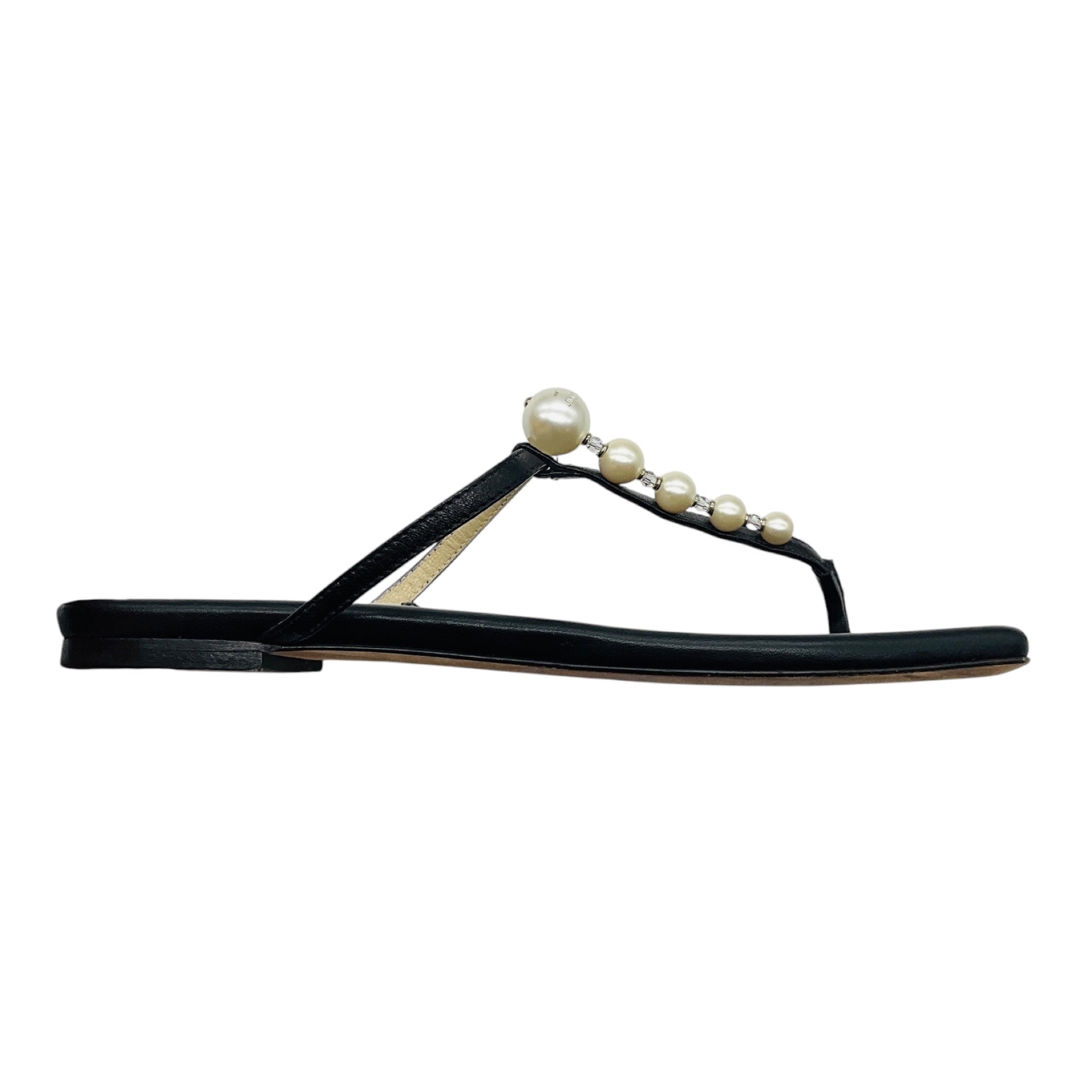 Jimmy Choo Black Alaina Faux Pearl Embellished Leather Flat Sandals