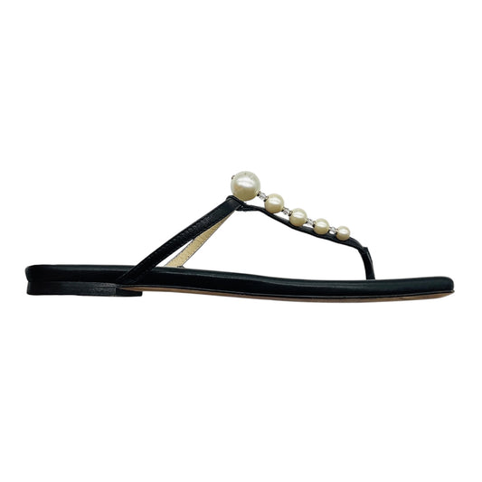 Jimmy Choo Black Alaina Faux Pearl Embellished Leather Flat Sandals