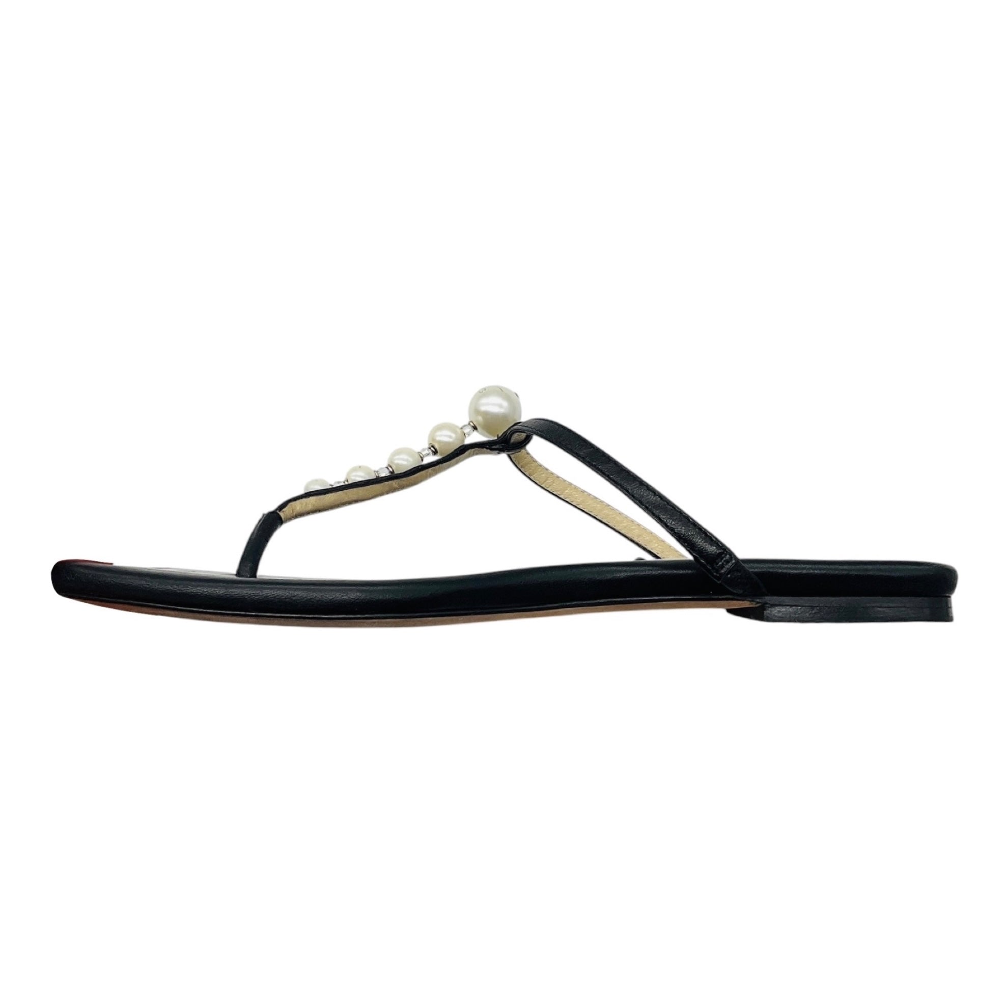 Jimmy Choo Black Alaina Faux Pearl Embellished Leather Flat Sandals