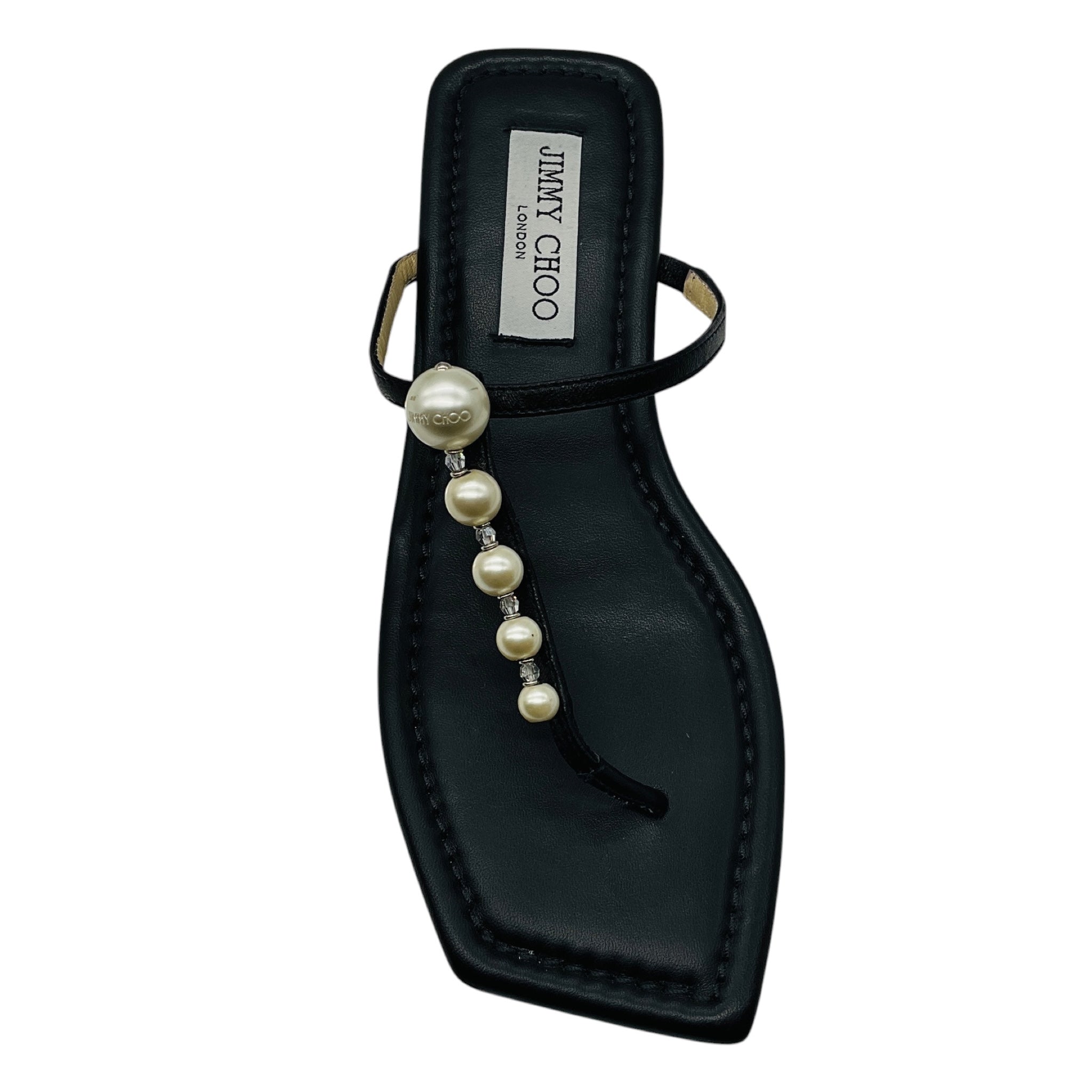 Jimmy Choo Black Alaina Faux Pearl Embellished Leather Flat Sandals