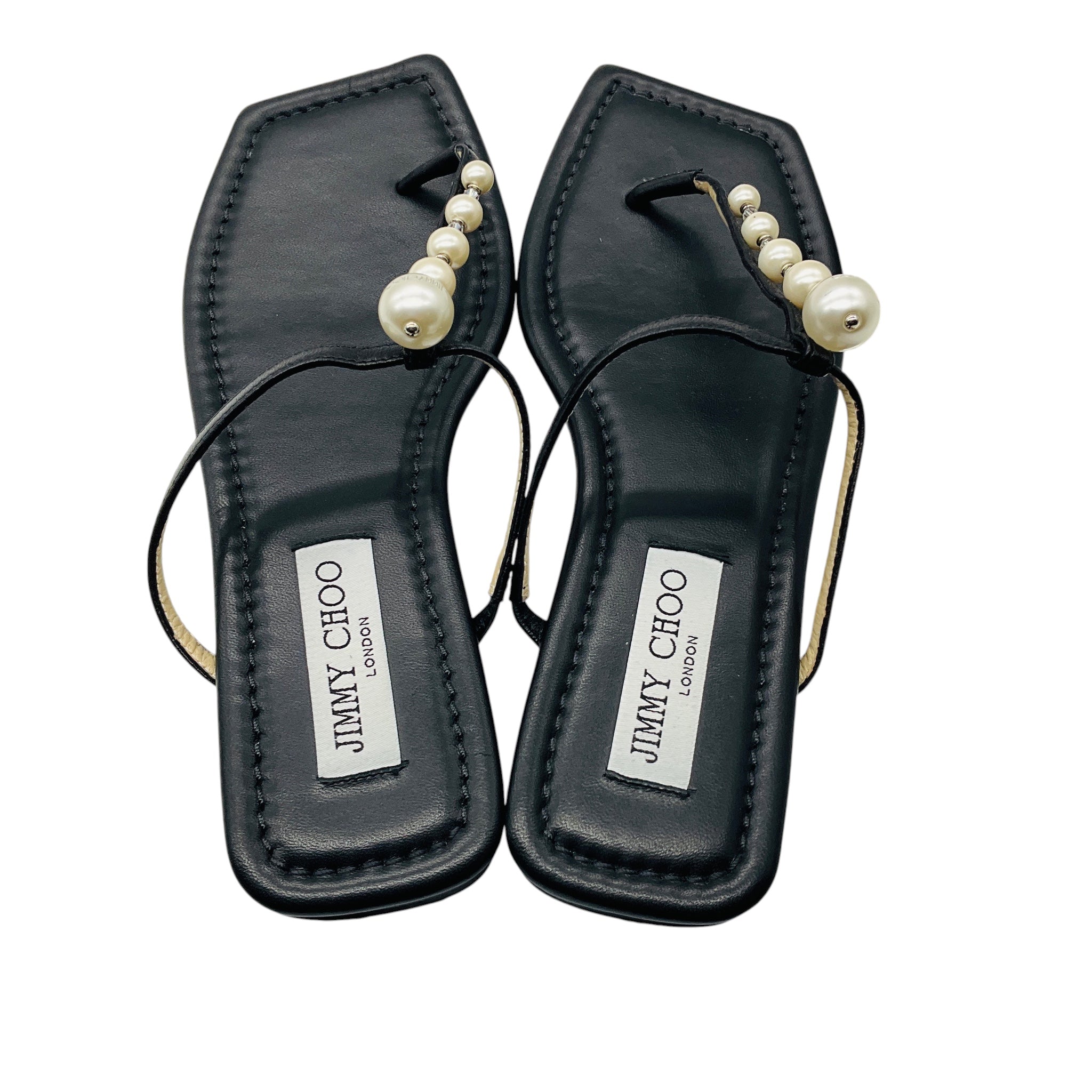 Jimmy Choo Black Alaina Faux Pearl Embellished Leather Flat Sandals