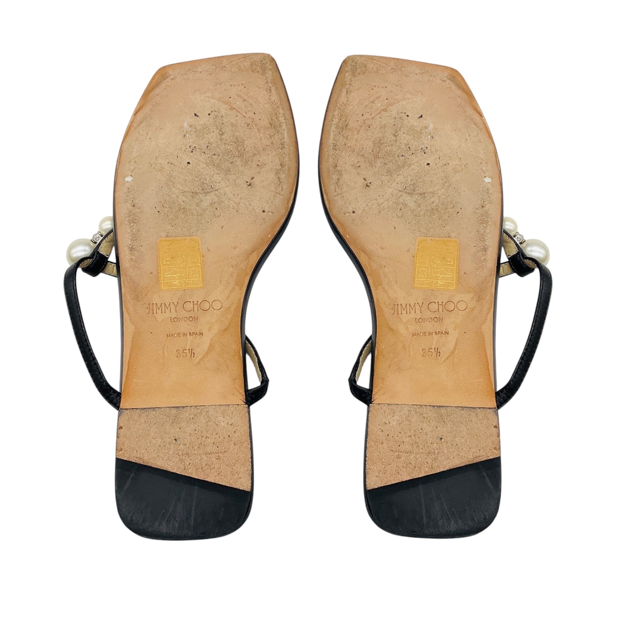 Jimmy Choo Black Alaina Faux Pearl Embellished Leather Flat Sandals