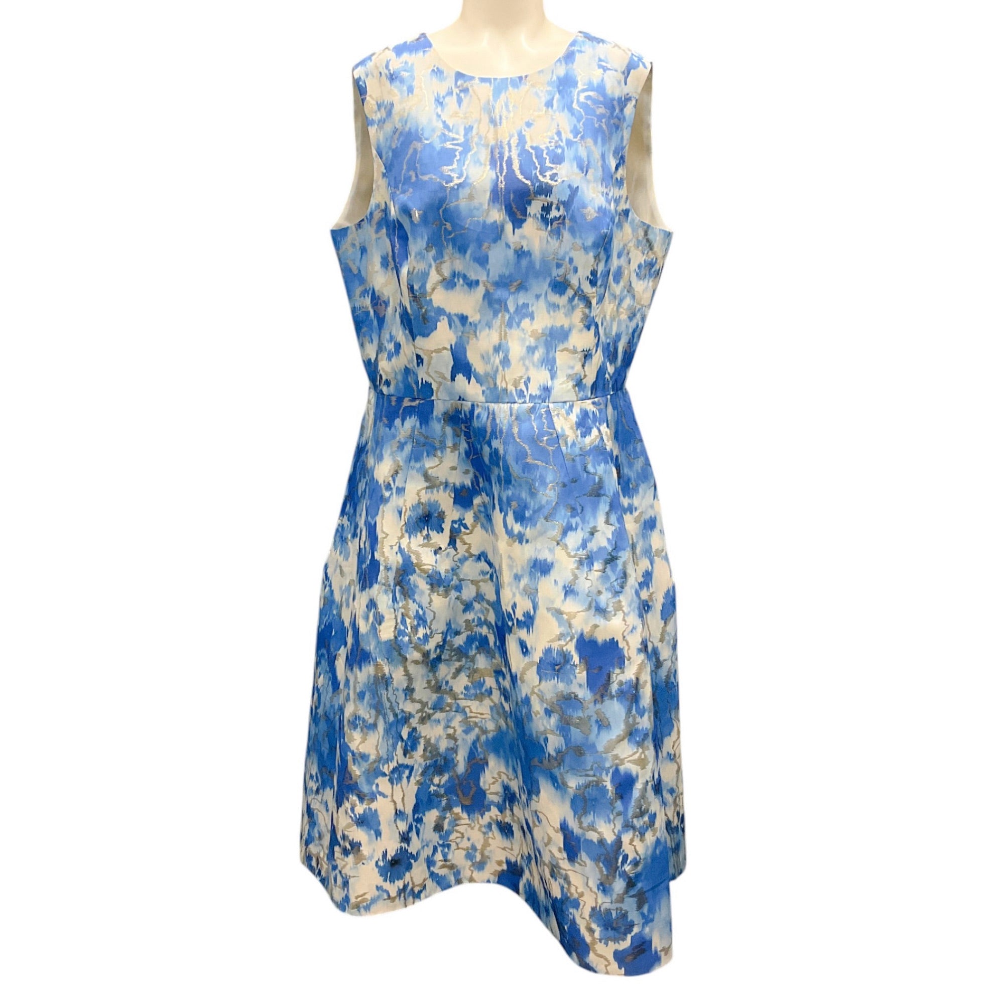 Carolina Herrera Blue / White / Silver Metallic Abstract Floral A-Line Dress