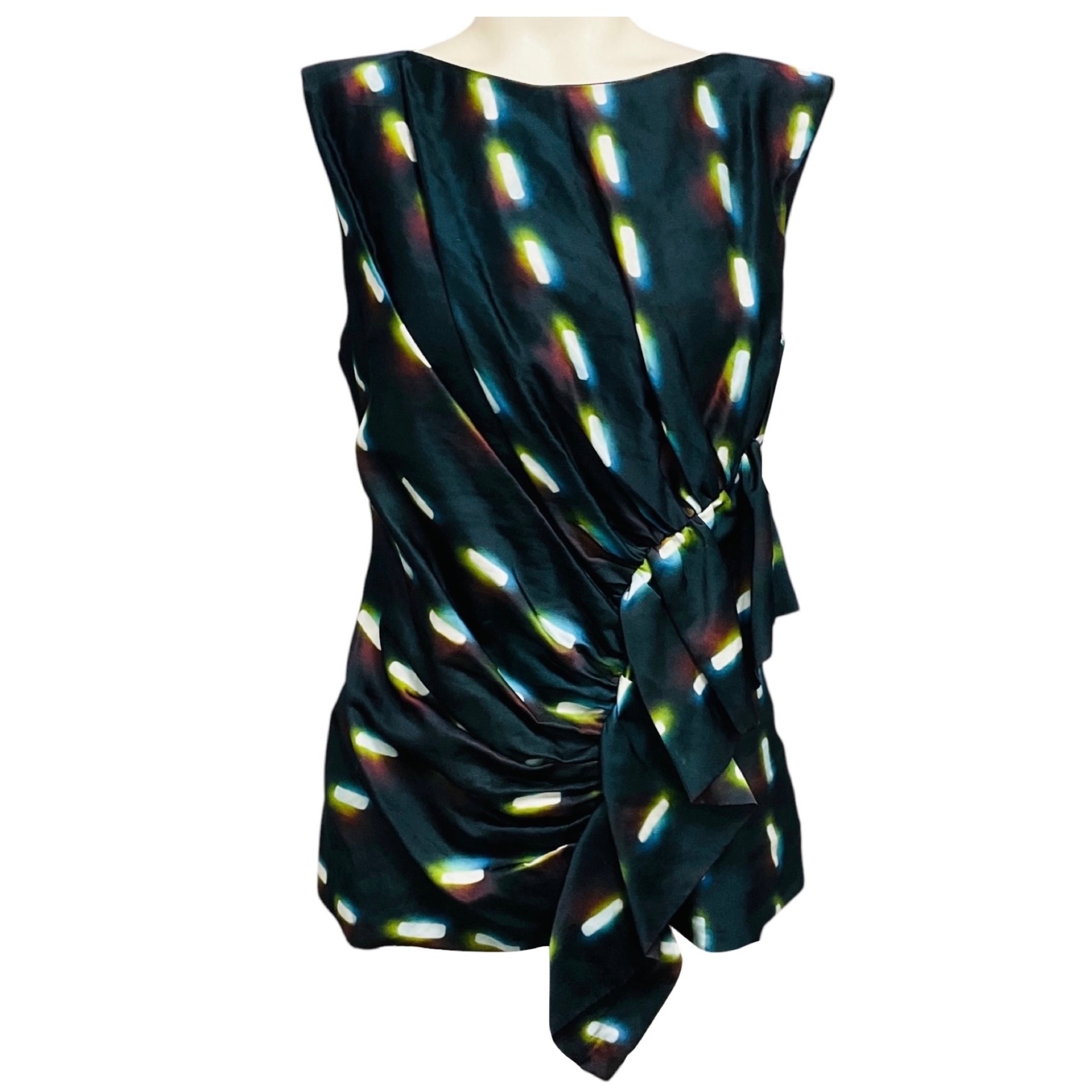 Dries Van Noten x Len Lye Navy Blue Multi Printed Gathered Sleeveless Satin Top