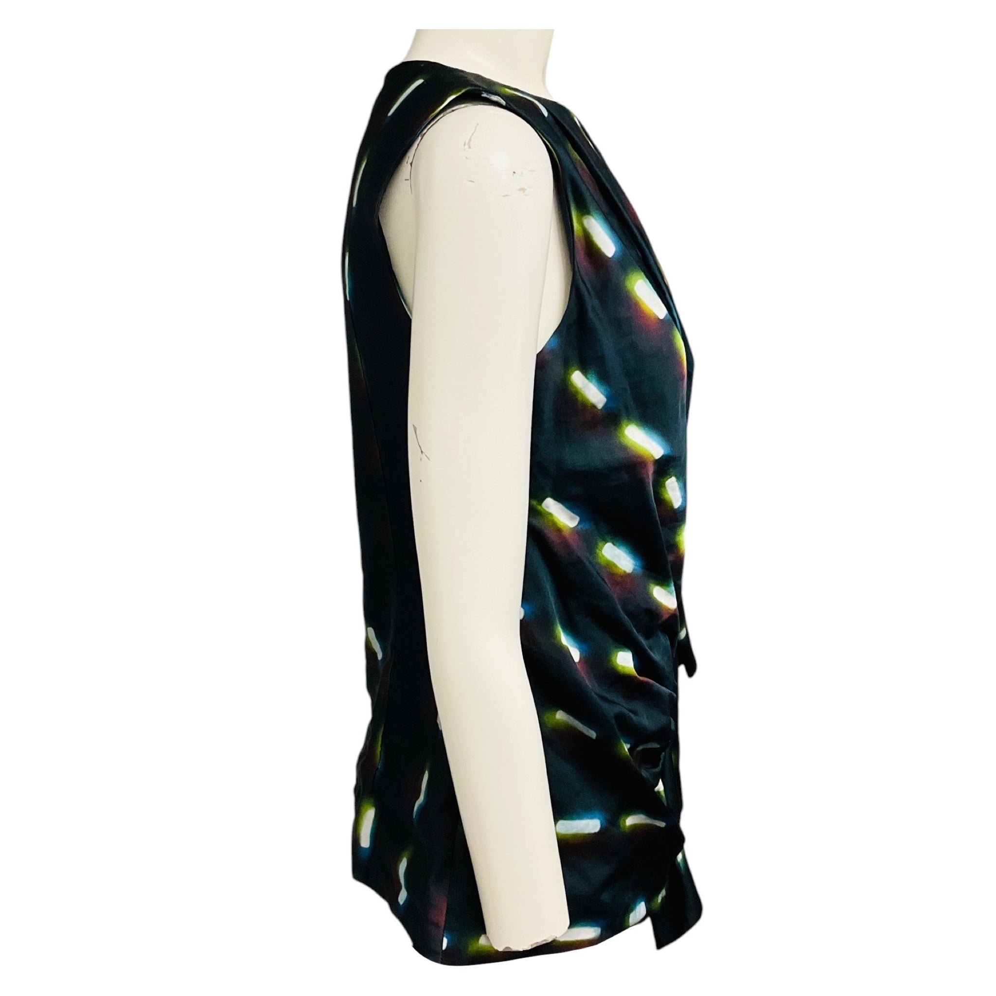 Dries Van Noten x Len Lye Navy Blue Multi Printed Gathered Sleeveless Satin Top