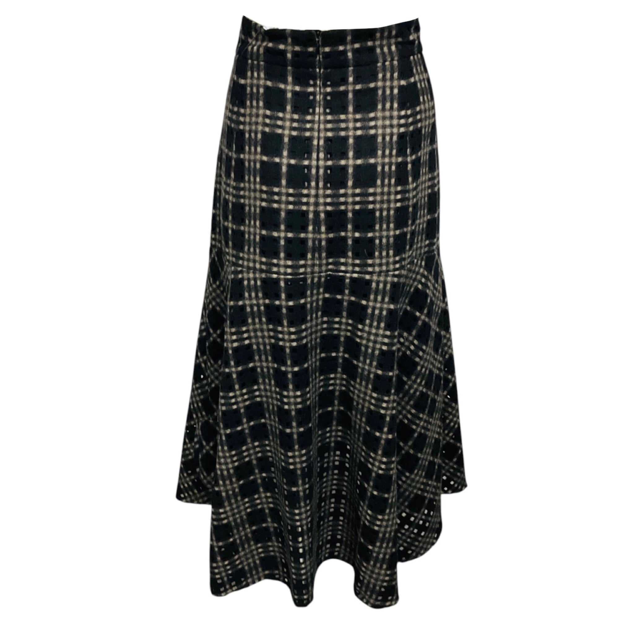 Akris Black / Beige Perforated Wool Plaid Midi Skirt