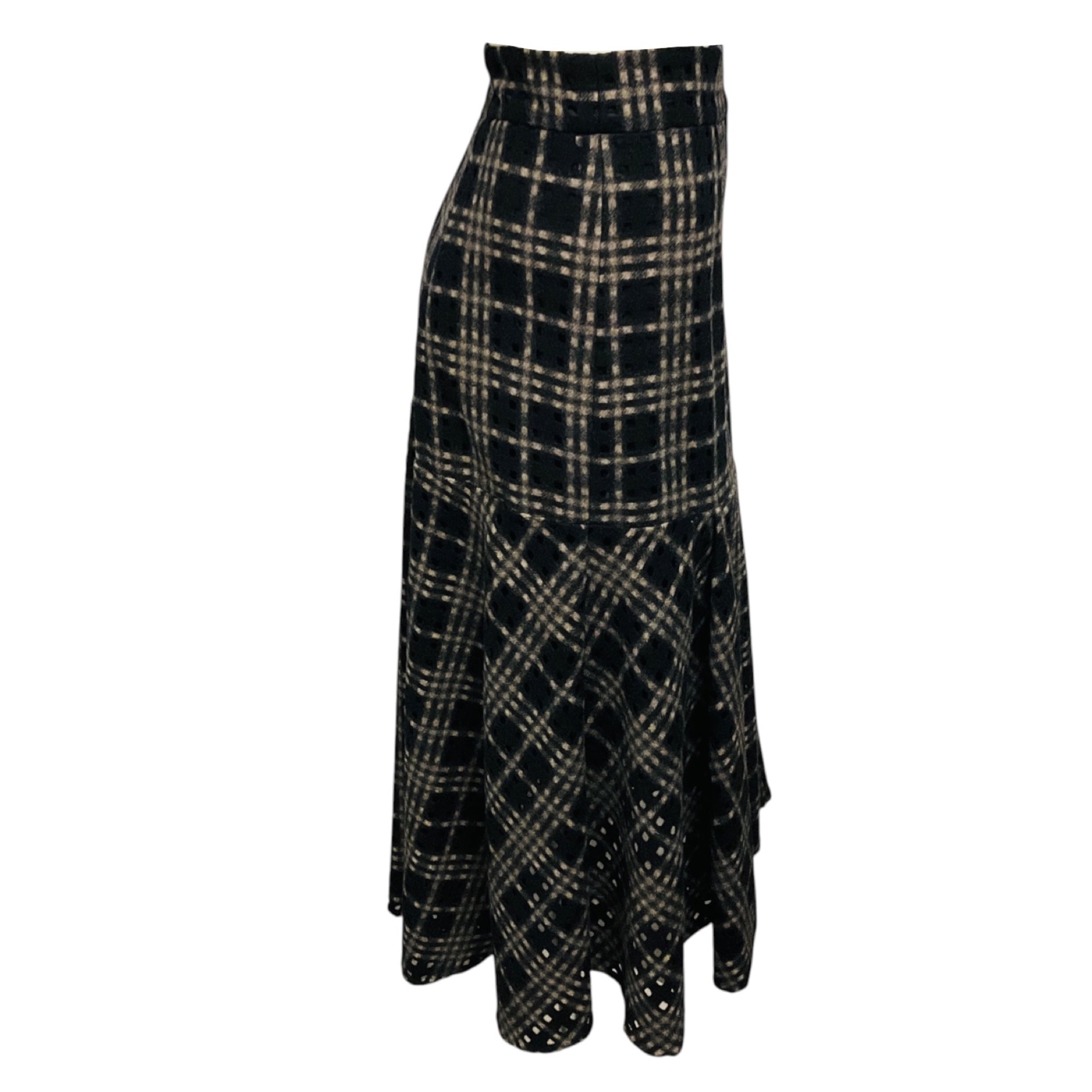 Akris Black / Beige Perforated Wool Plaid Midi Skirt