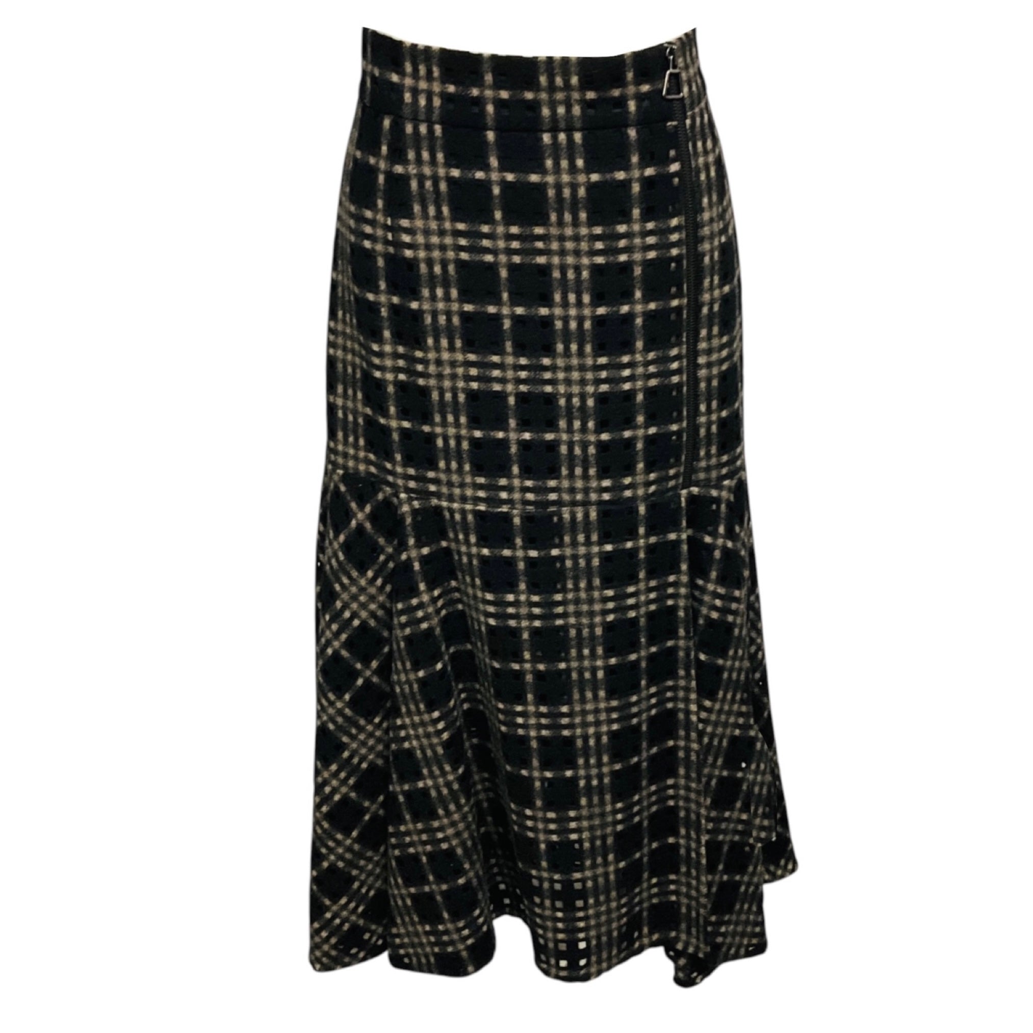Akris Black / Beige Perforated Wool Plaid Midi Skirt