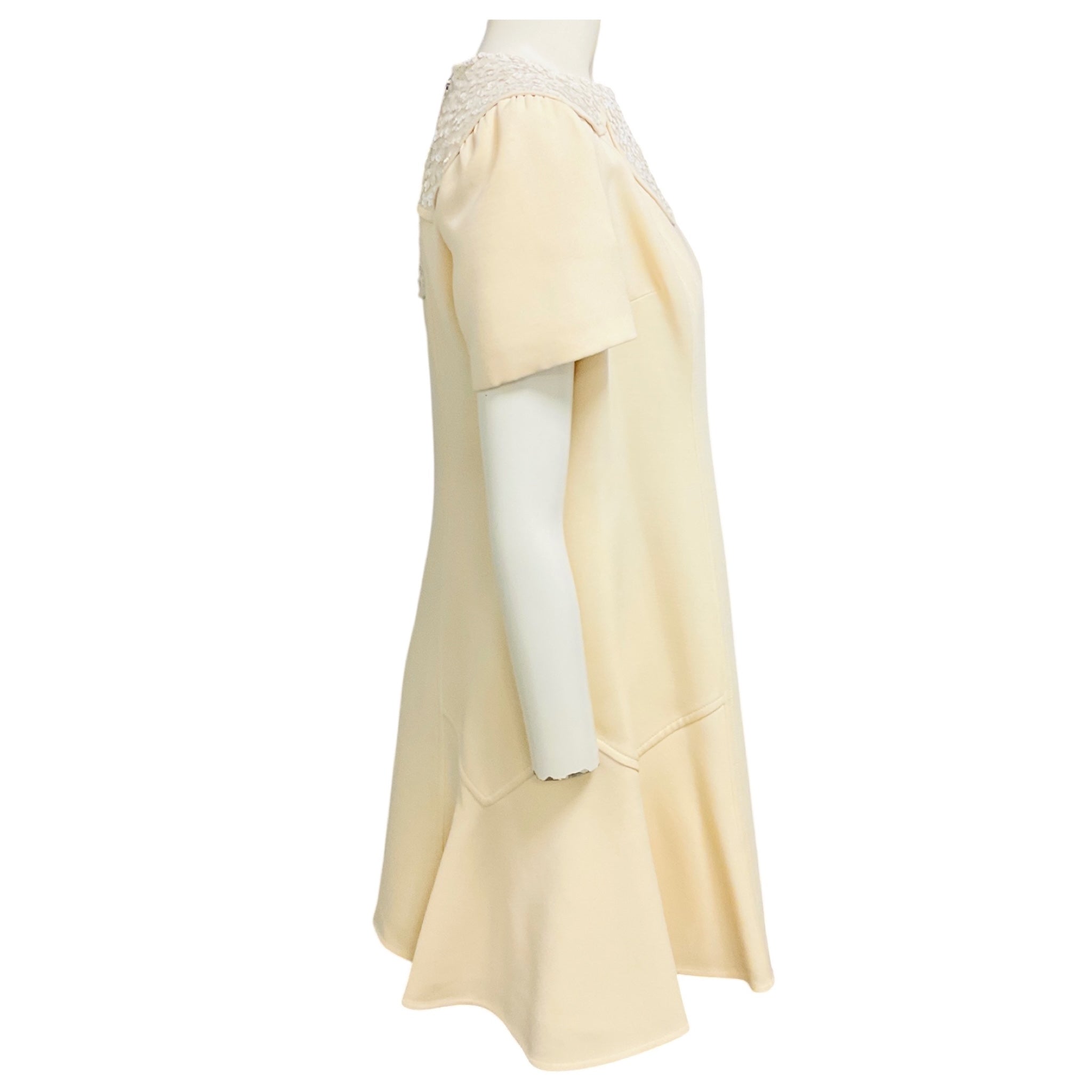 Louis Vuitton Ivory / White Sequined Short Sleeved Wool and Silk Crepe Dress
