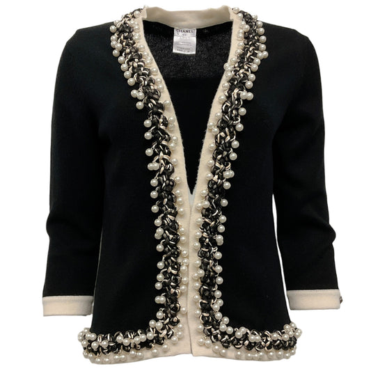Chanel Black Cashmere Open Cardigan Sweater with Pearls
