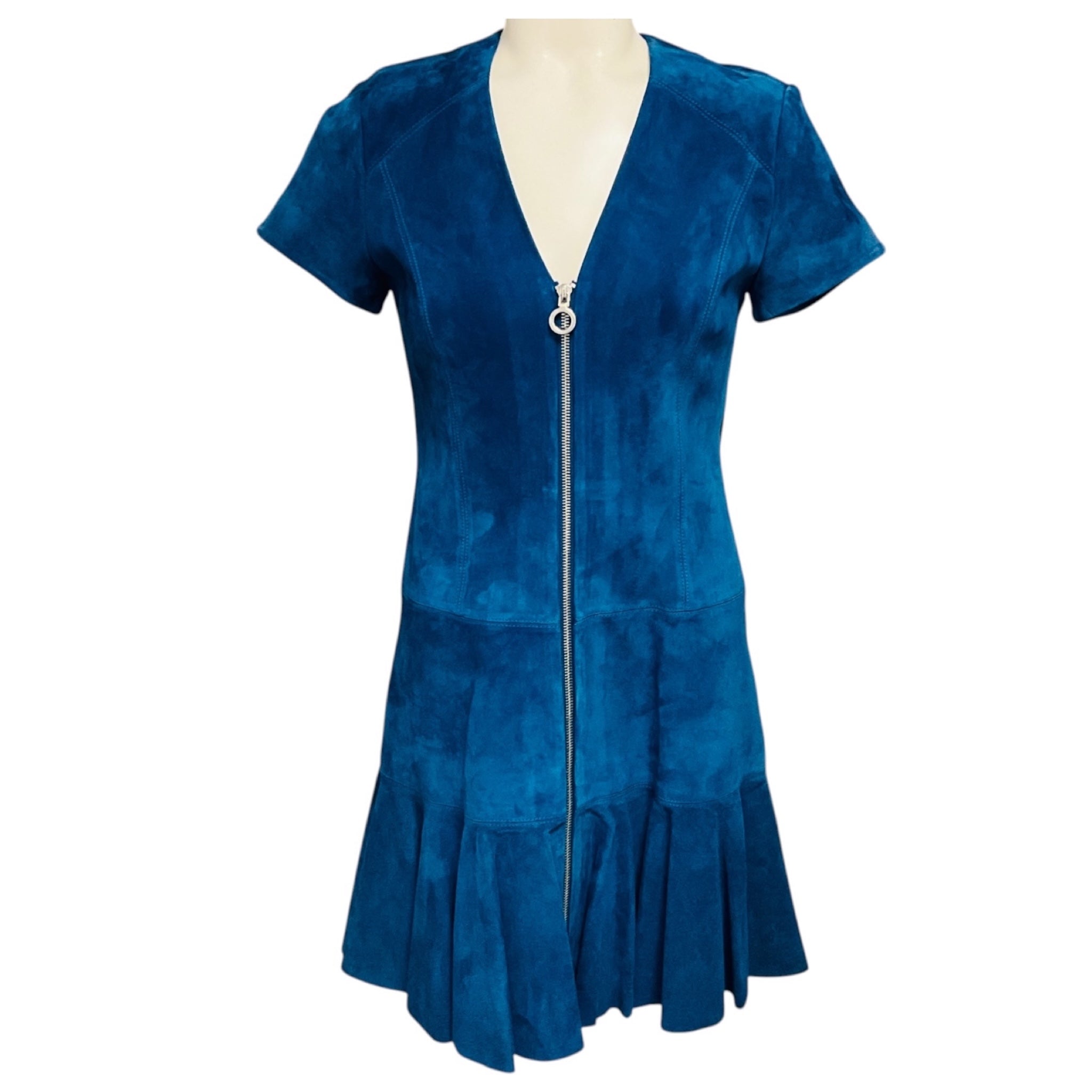 Alexis Blue Jaelynn Zip Front Suede Calfskin Mini Dress