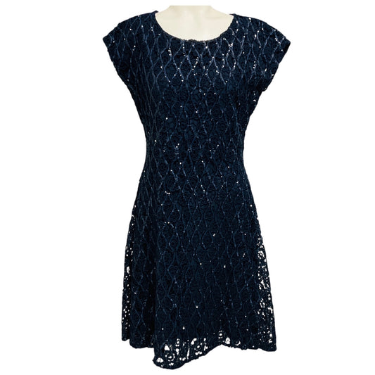 Christian Dior Navy Blue Sequined Short Sleeved Floral Lace Cocktail Dress