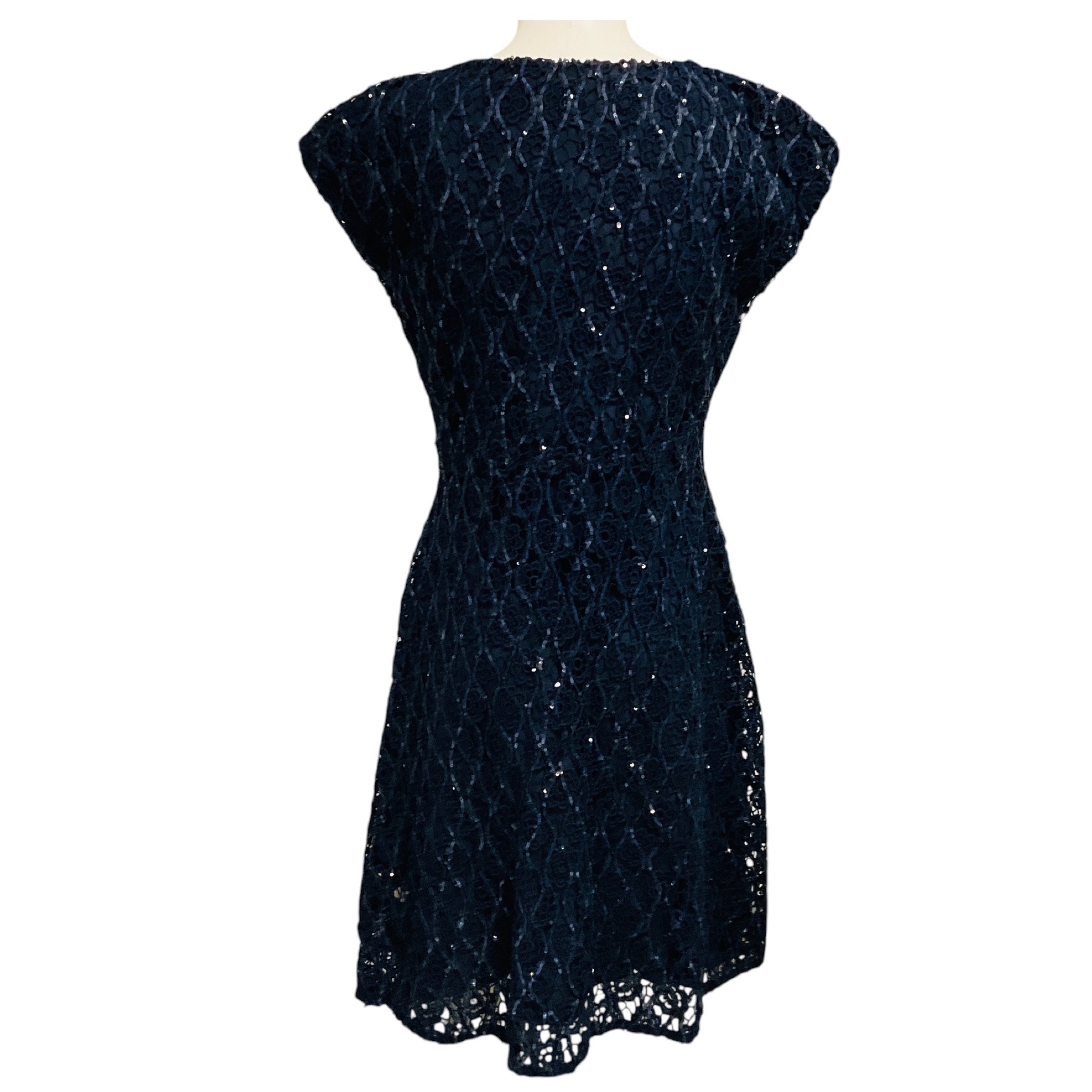 Christian Dior Navy Blue Sequined Short Sleeved Floral Lace Cocktail Dress