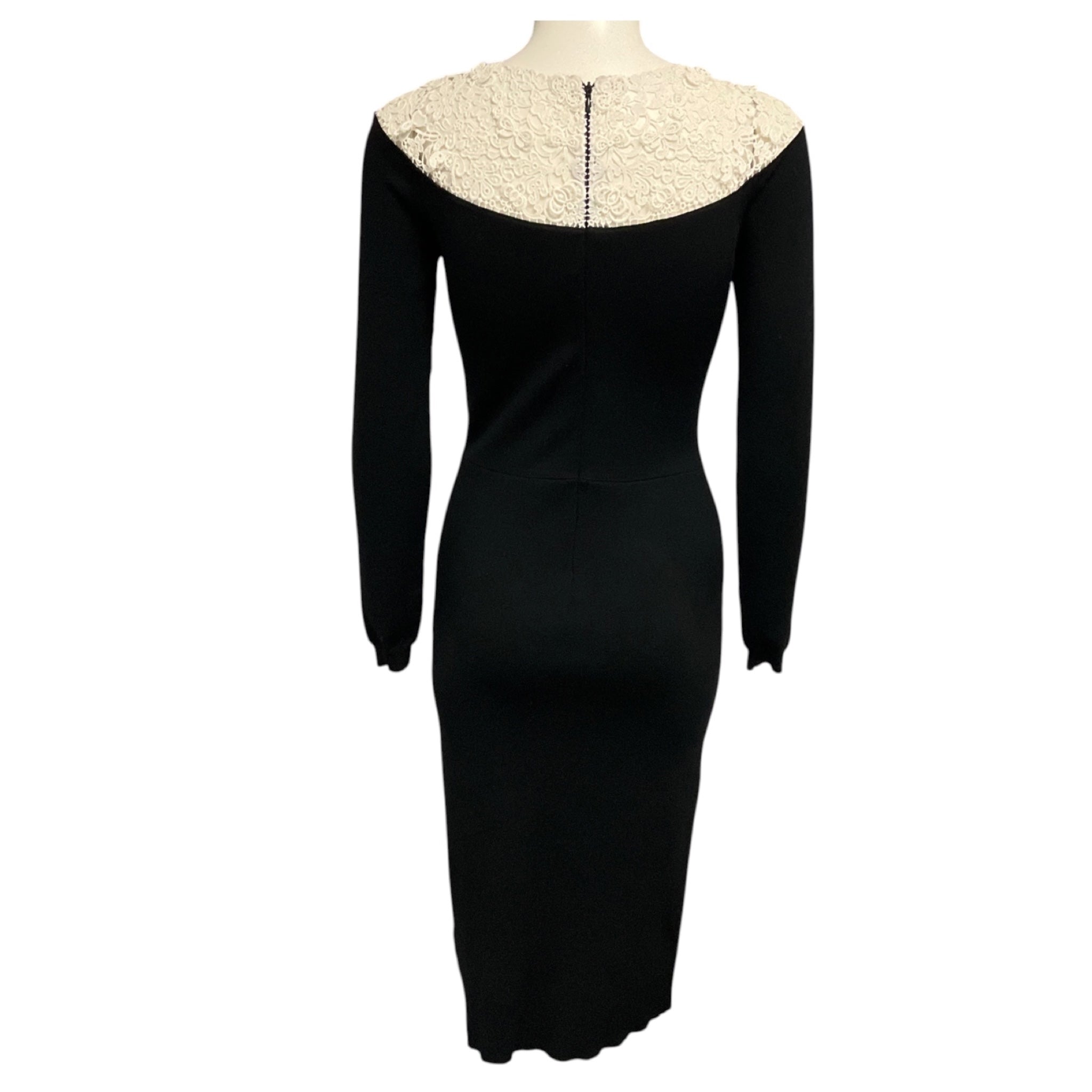 Valentino Black / White Lace Trimmed Long Sleeved Knit Midi Dress