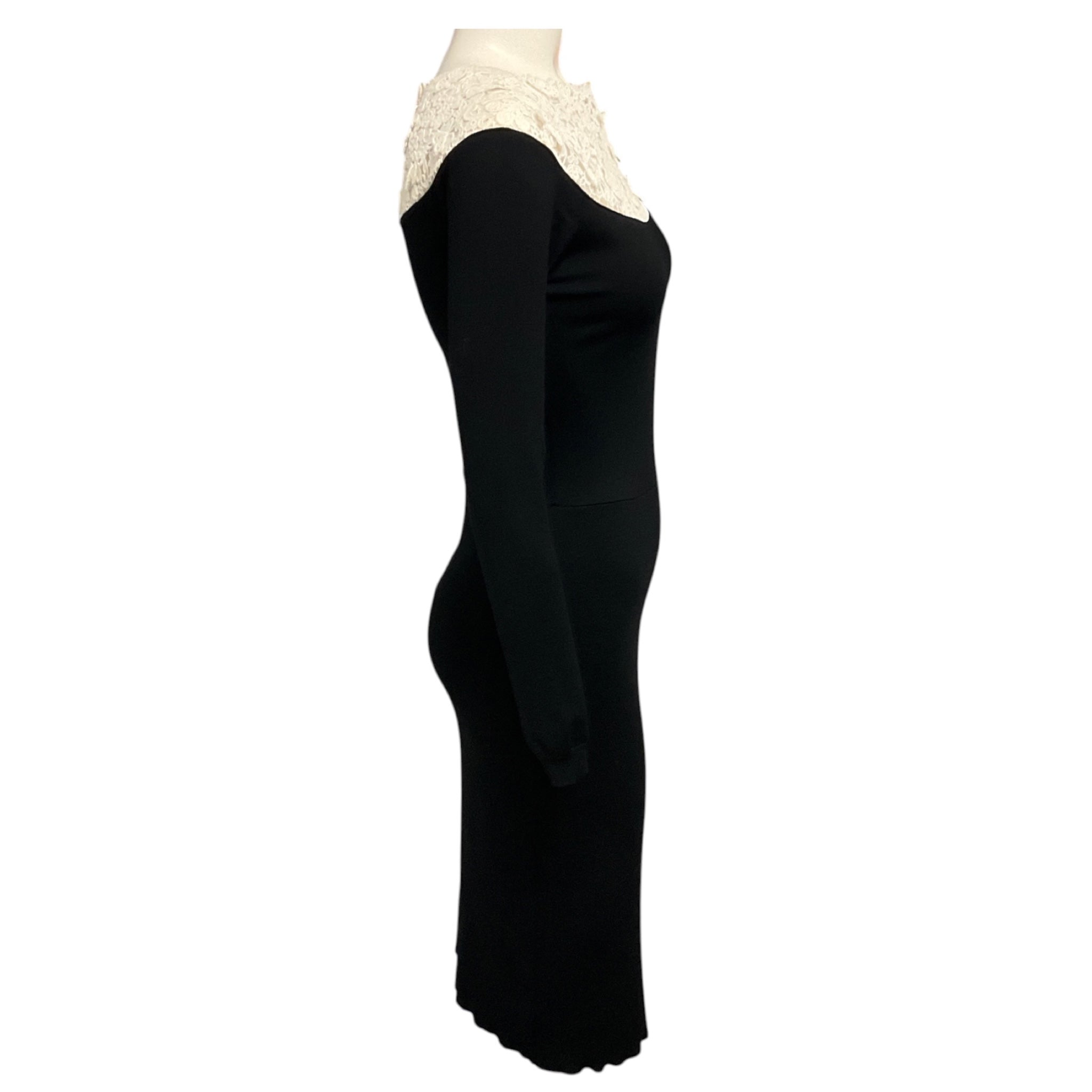 Valentino Black / White Lace Trimmed Long Sleeved Knit Midi Dress