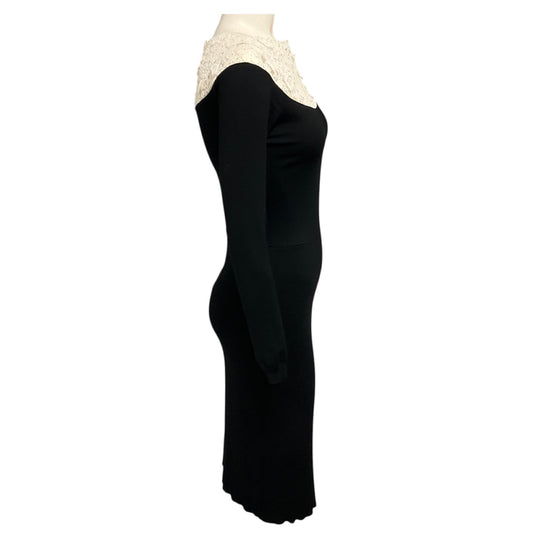 Valentino Black / White Lace Trimmed Long Sleeved Knit Midi Dress