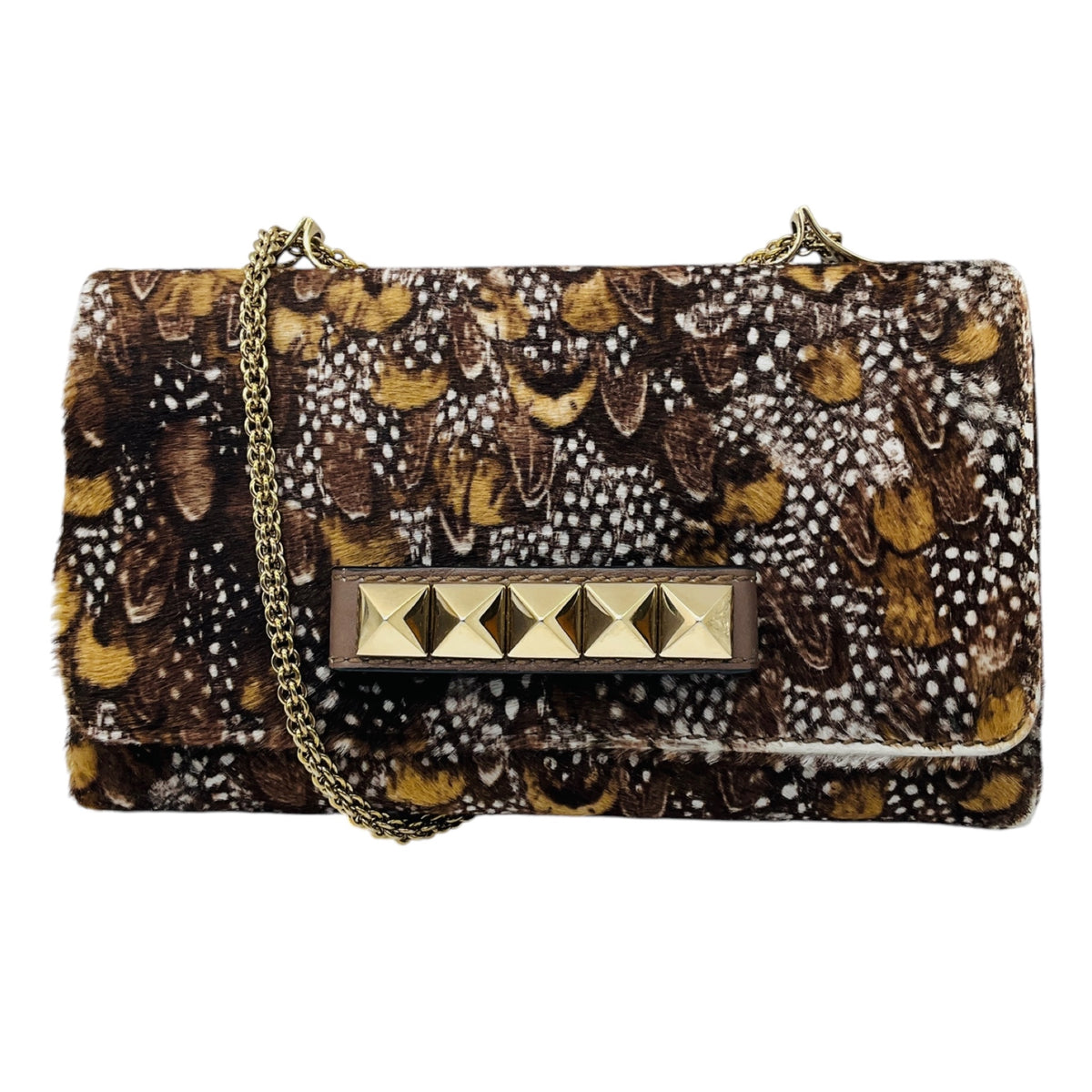 Valentino Brown / White / Tan Multi Rockstud Calf Hair Shoulder Bag with Gold Hardware