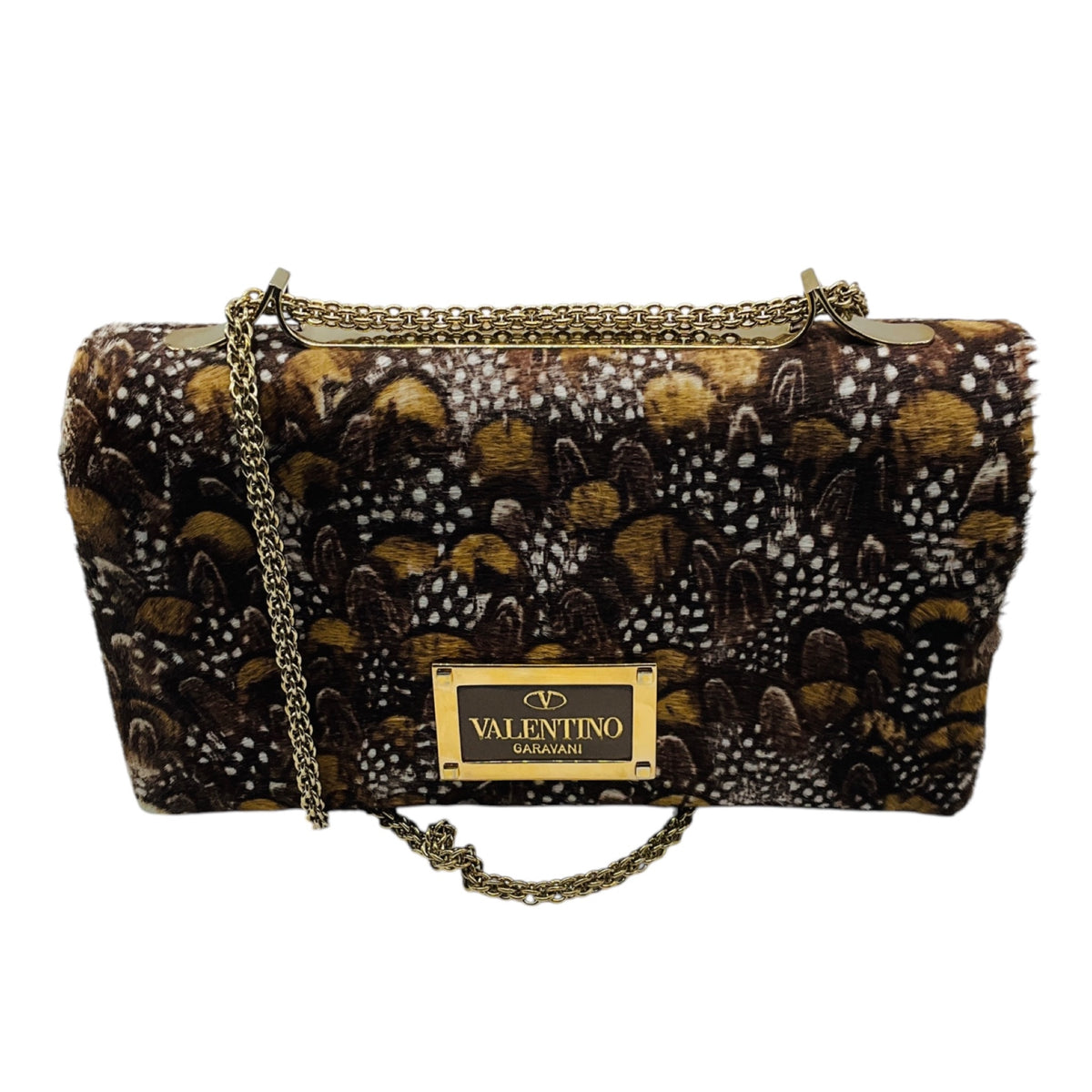 Valentino Brown / White / Tan Multi Rockstud Calf Hair Shoulder Bag with Gold Hardware