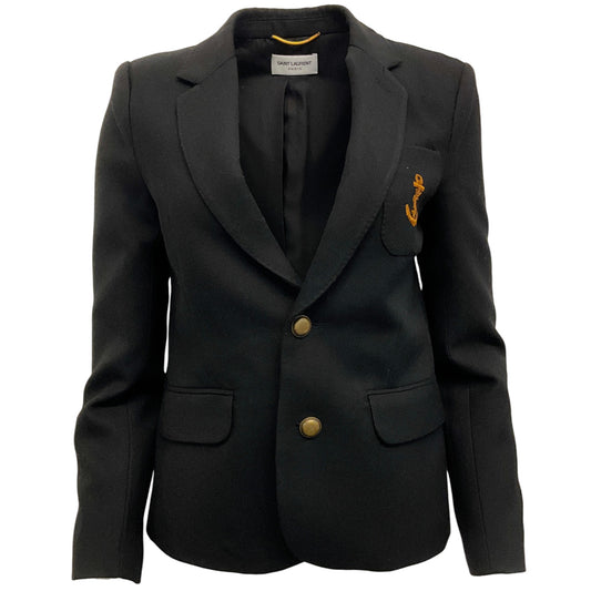Saint Laurent Black Wool Blazer with Embroidered Anchor